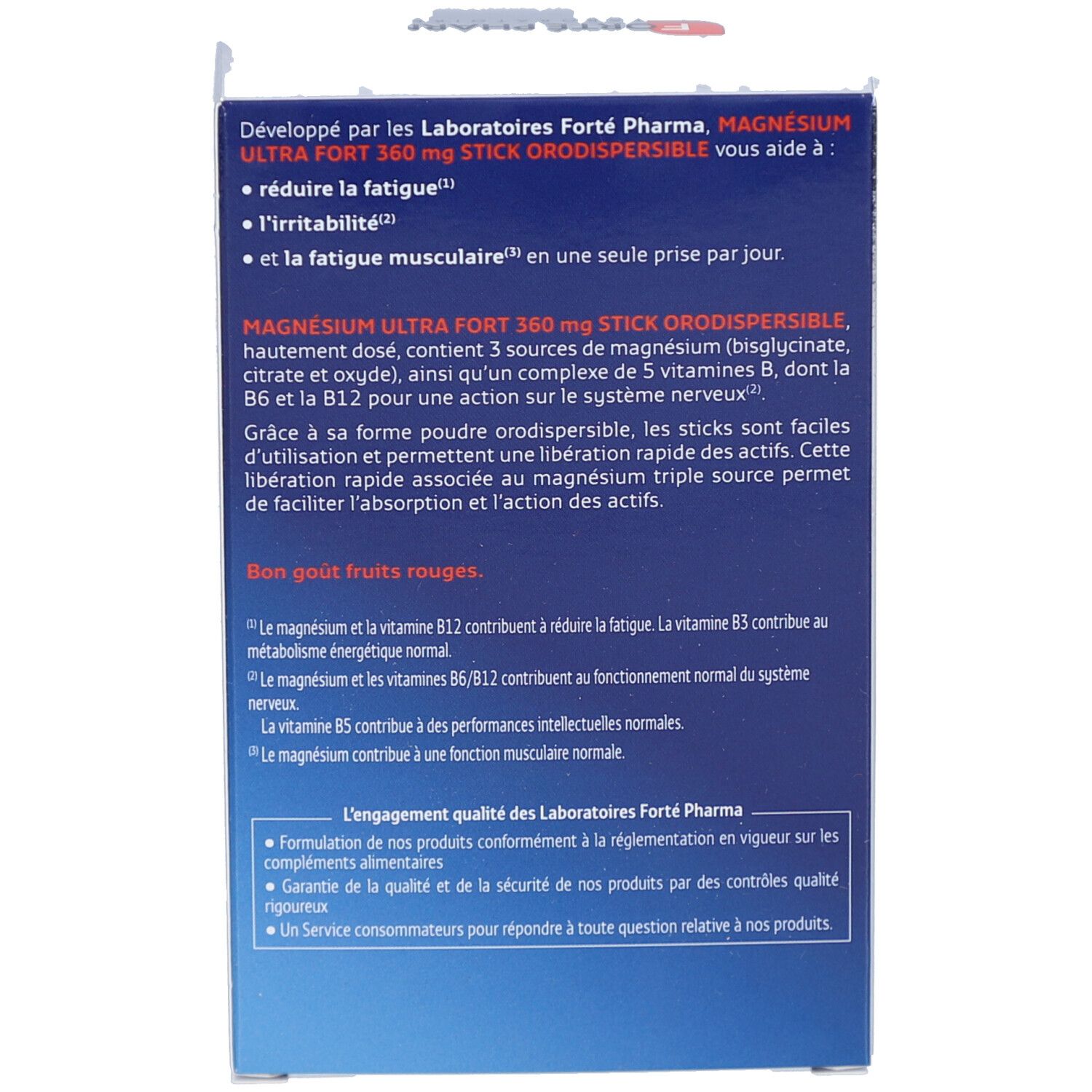 Dos de la boîte avec texte. Contient des informations sur les sticks MAGNÉSIUM ULTRA FORT 360 mg. Texte en français.