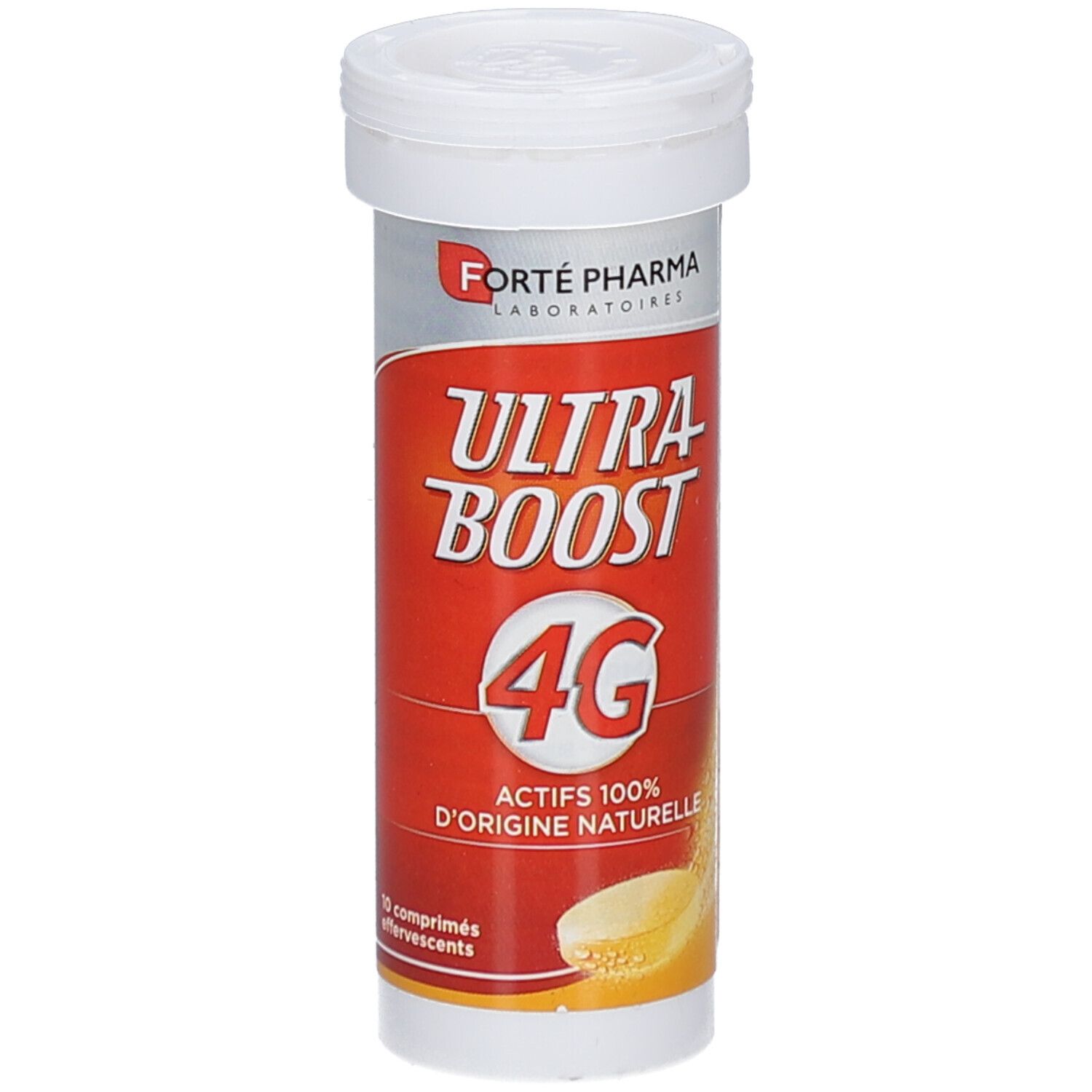 Tube cylindrique. Inscriptions: ULTRA BOOST 4G, ACTIFS 100% D'ORIGINE NATURELLE. Logo Forte Pharma.