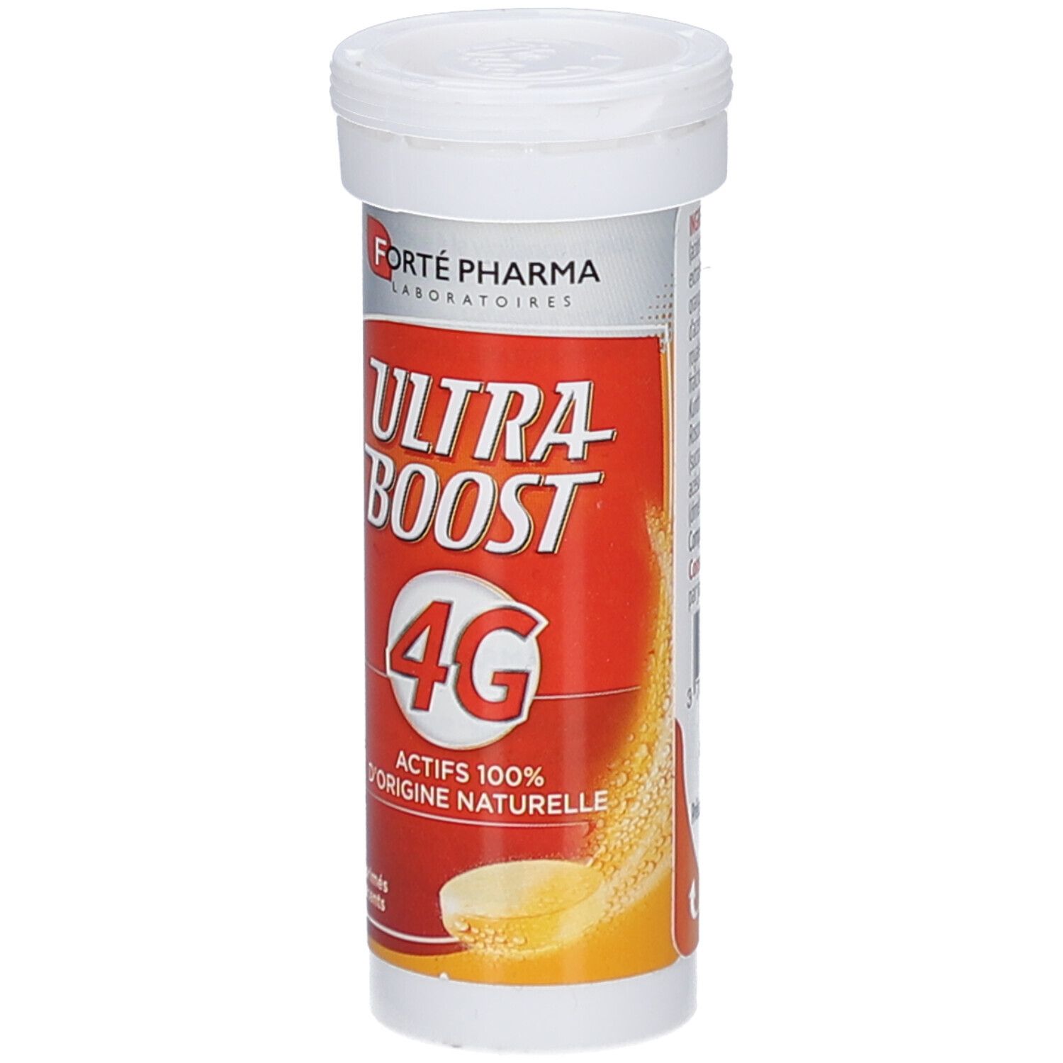 Tube cylindrique. Inscriptions: ULTRA BOOST 4G, ACTIFS 100% D'ORIGINE NATURELLE. Logo Forte Pharma.