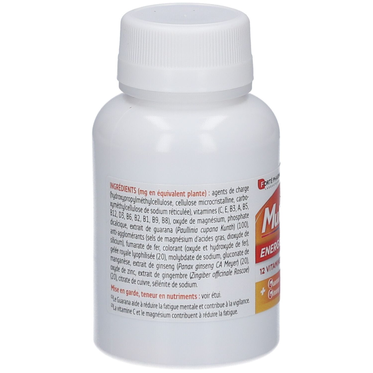 Flacon blanc avec bouchon à vis. Dos avec ingrédients et informations nutritionnelles. Texte en français.