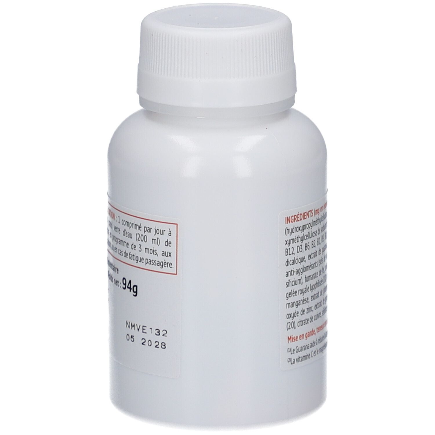 Flacon blanc avec bouchon à vis. Dos avec conseils d'utilisation et de stockage. Texte en français.