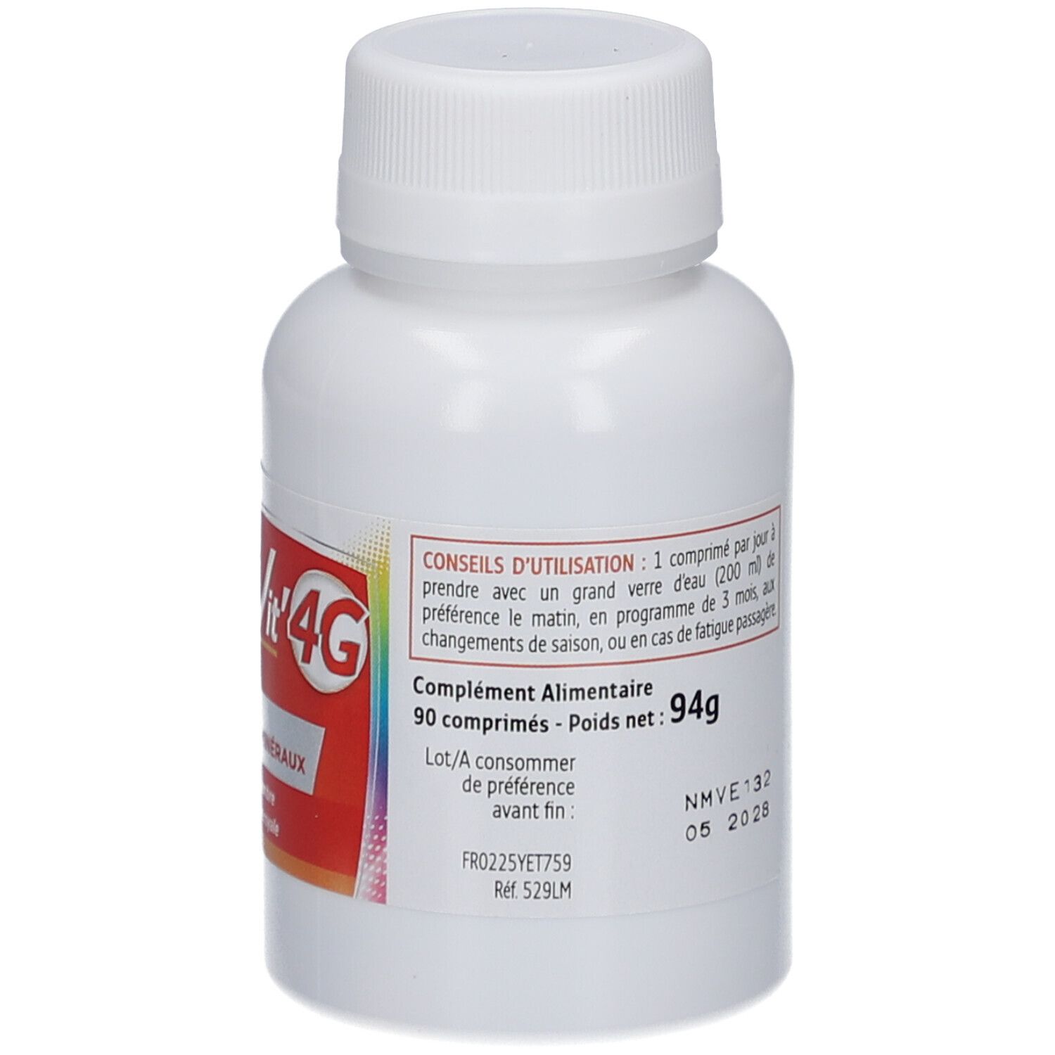 Flacon blanc avec bouchon à vis. Dos avec conseils d'utilisation et de stockage. Texte en français.