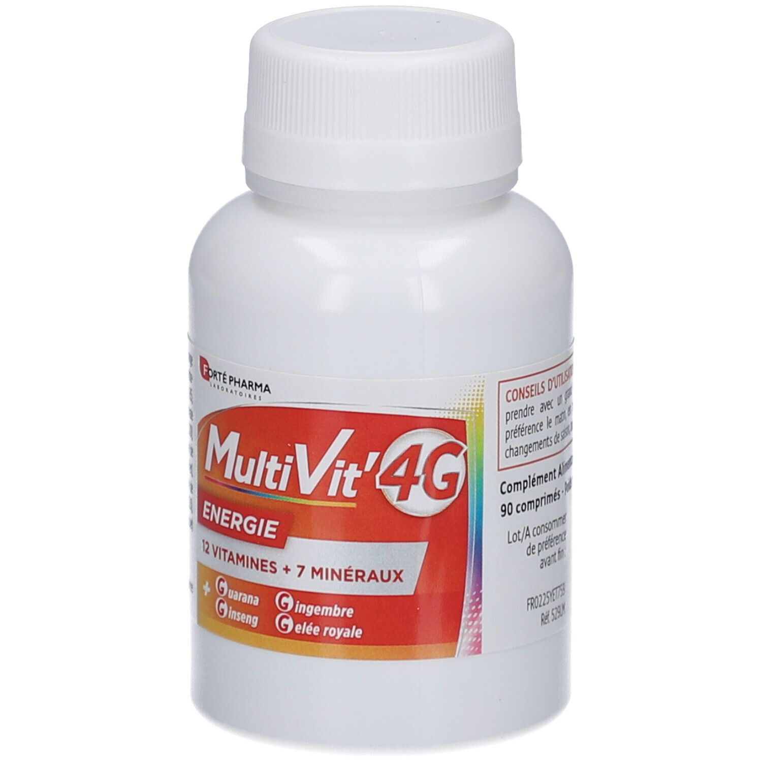 Flacon blanc avec bouchon à vis. Étiquette avec nom du produit MultiVit'4G, Énergie, 12 vitamines + 7 minéraux.