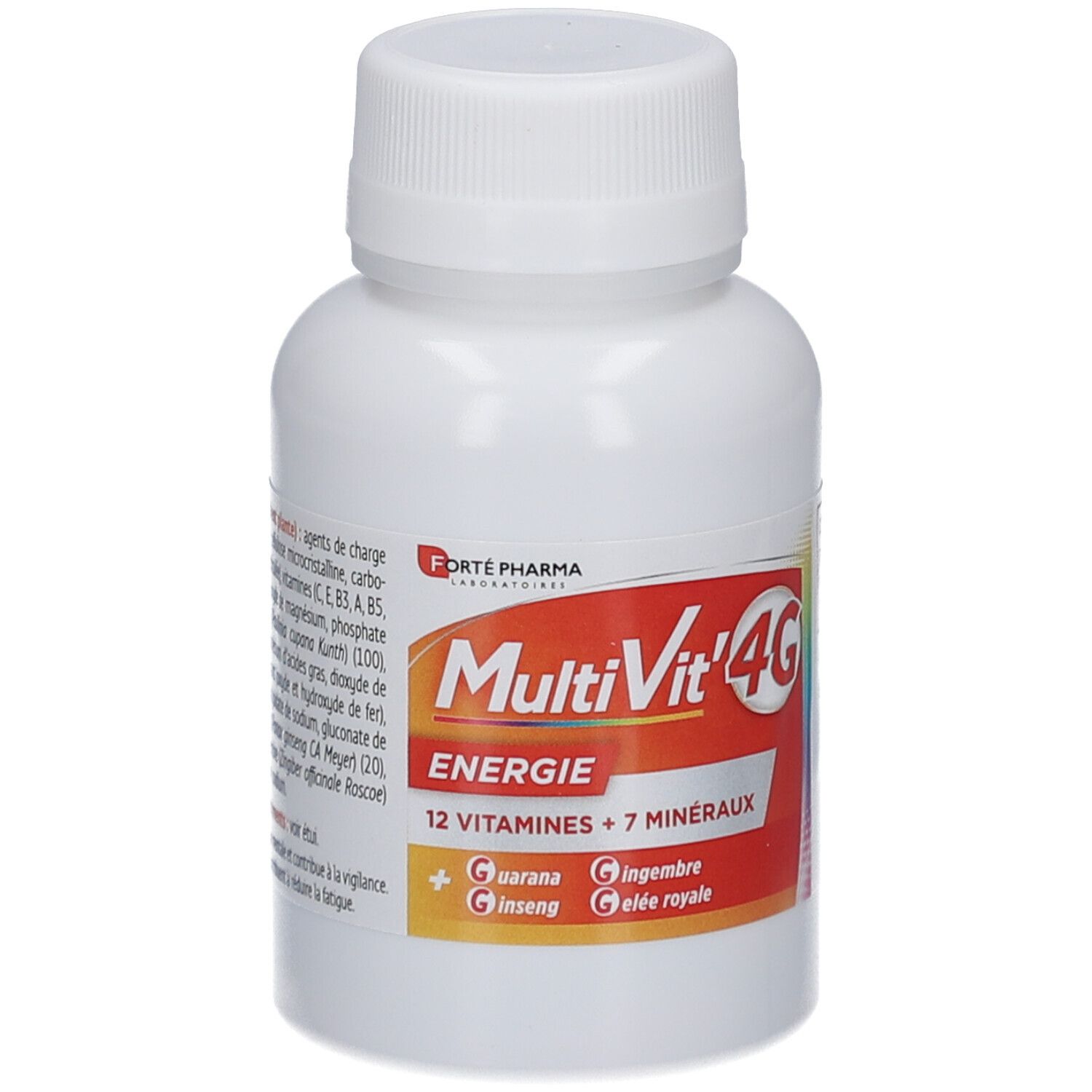 Flacon blanc avec bouchon à vis. Étiquette avec nom du produit MultiVit'4G, Énergie, 12 vitamines + 7 minéraux.