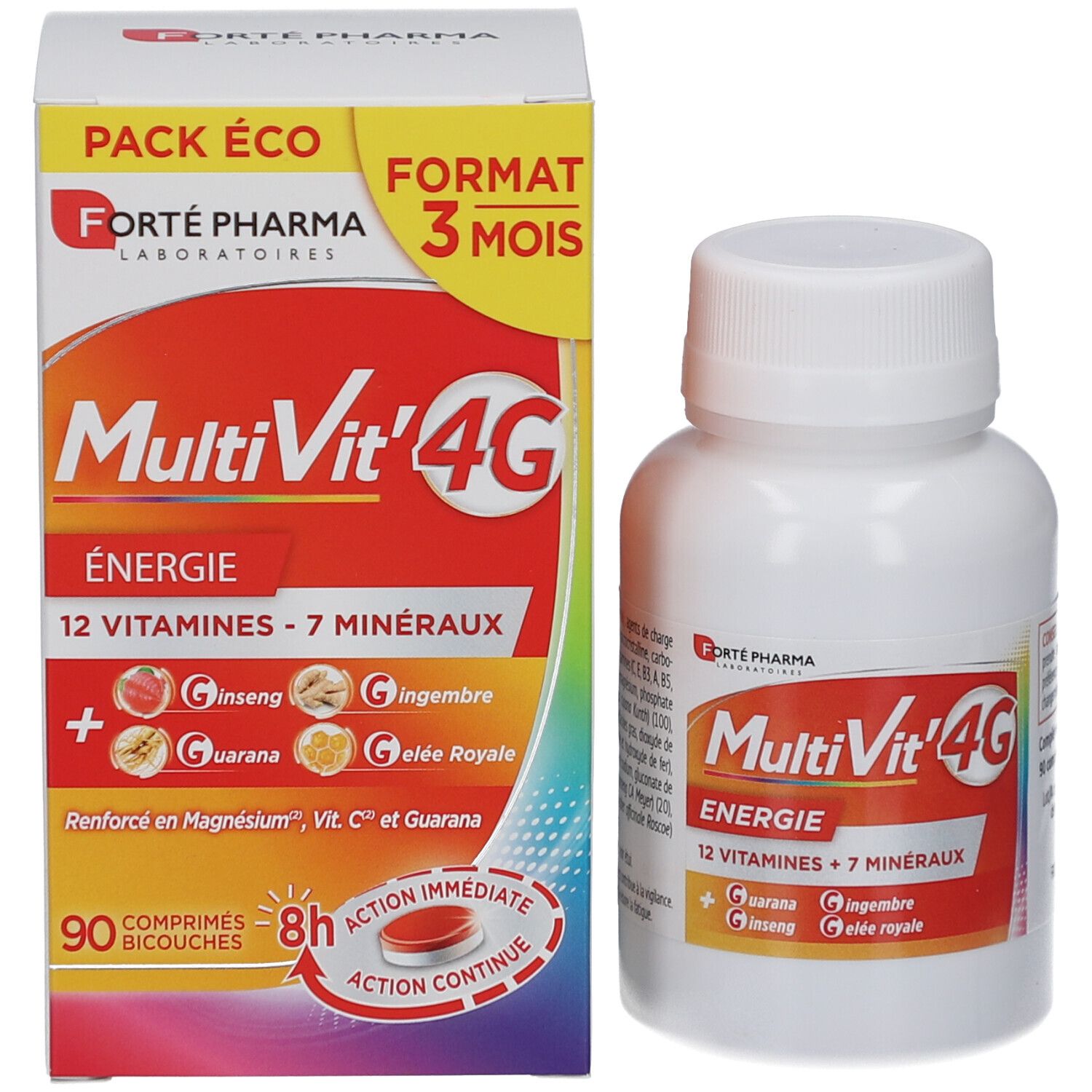 Boîte et flacon du produit. Boîte avec nom du produit MultiVit'4G, Énergie, 12 vitamines + 7 minéraux. Flacon à côté.