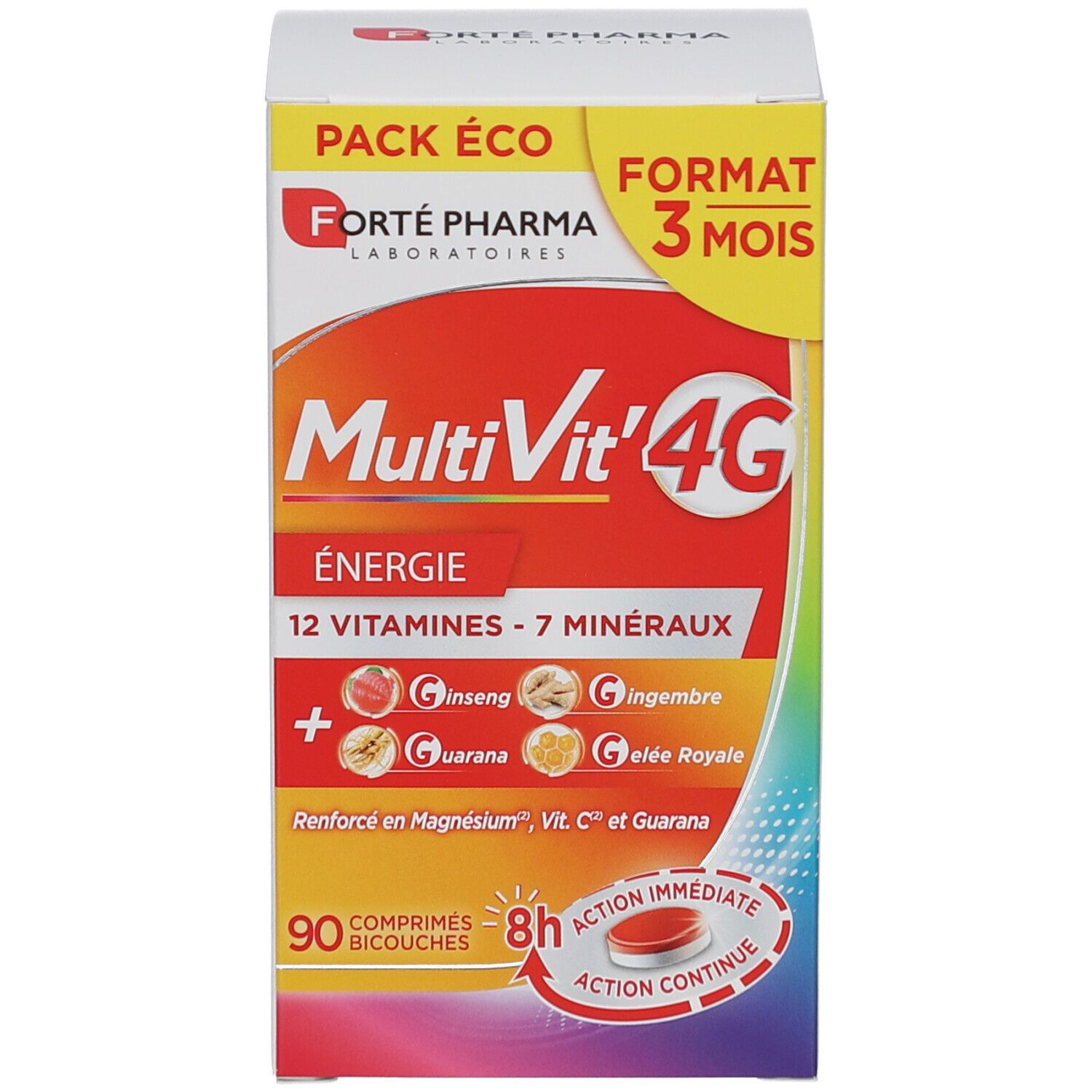 Boîte du produit. Boîte avec nom du produit MultiVit'4G, Énergie, 12 vitamines + 7 minéraux. Format 3 mois.