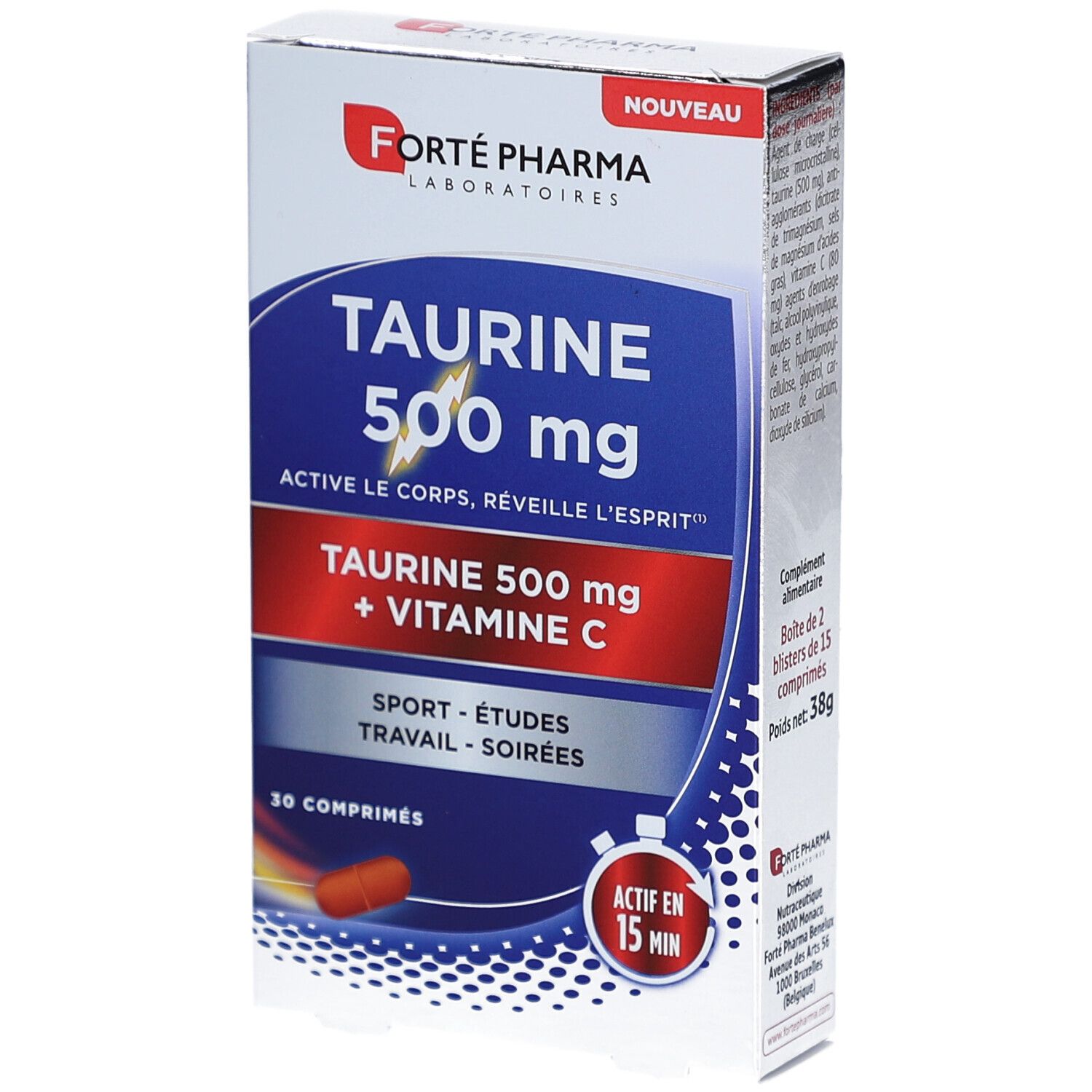 Boîte de FORTE TAURINE 500 mg. Contient 30 comprimés. Ingrédients : Taurine et Vitamine C. Couleur bleue et rouge.