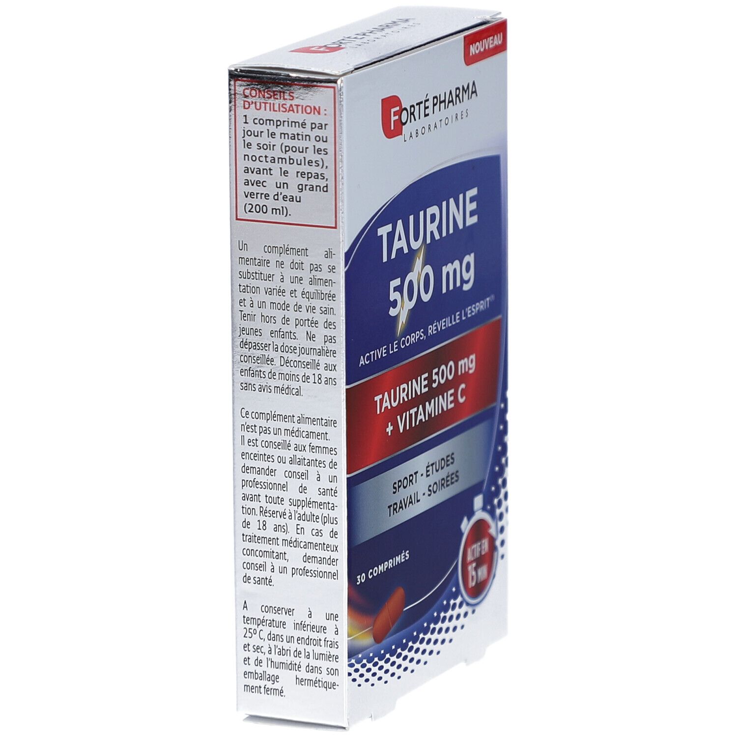 Boîte FORTE TAURINE 500 mg. Contient 30 comprimés. Texte au dos. Couleurs bleue et rouge.