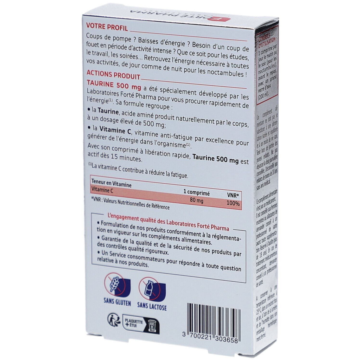Dos de la boîte FORTE TAURINE 500 mg. Texte et informations nutritionnelles. Sans gluten et sans lactose.