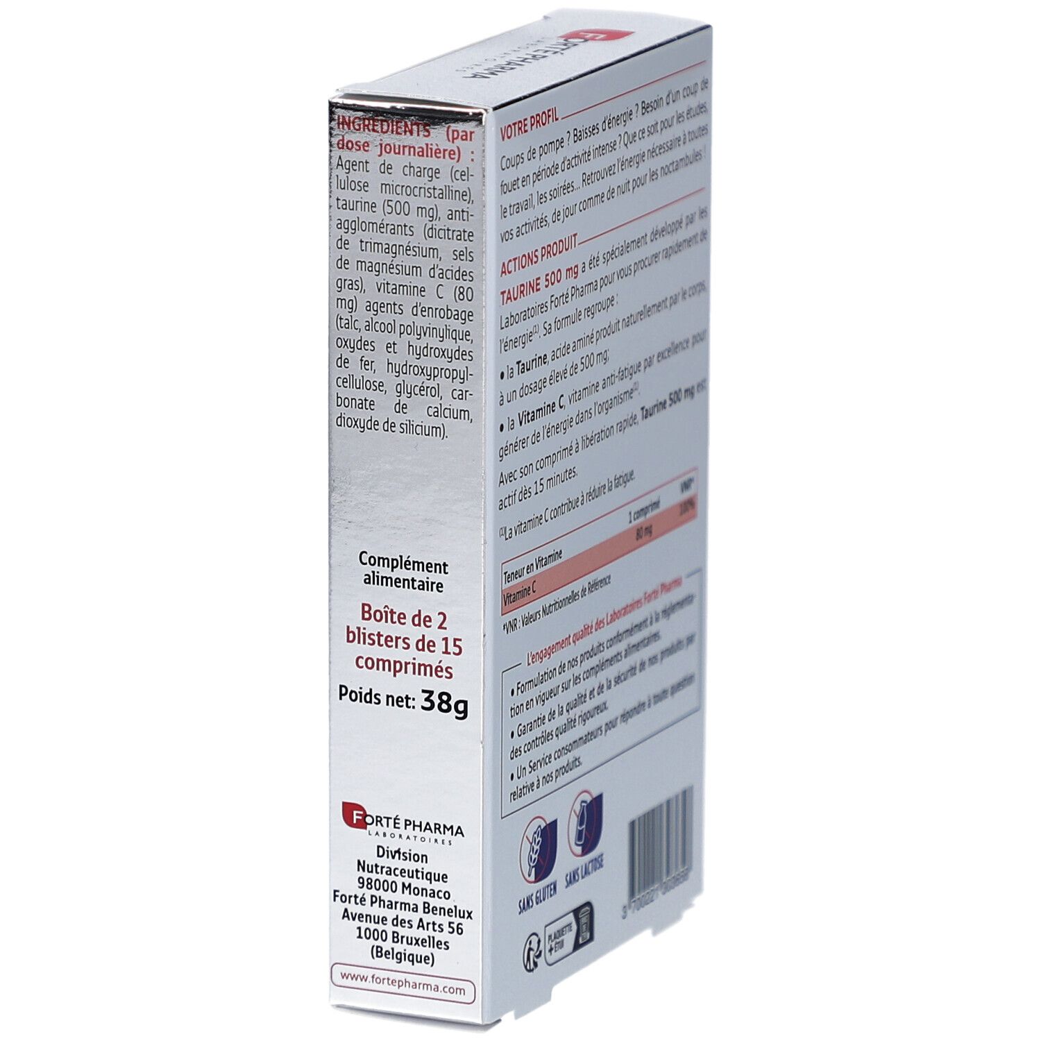 Côté de la boîte FORTE TAURINE 500 mg. Texte et informations nutritionnelles. Sans gluten et sans lactose.