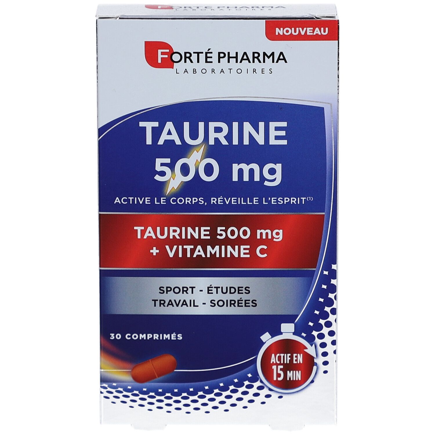 Boîte FORTE TAURINE 500 mg. Contient 30 comprimés. Couleurs bleue et rouge. Avec Vitamine C.