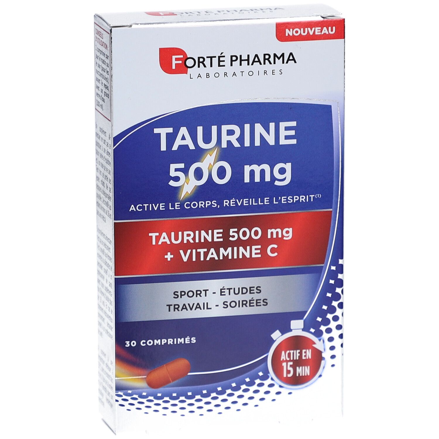 Boîte FORTE TAURINE 500 mg. Contient 30 comprimés. Couleurs bleue et rouge. Avec Vitamine C.