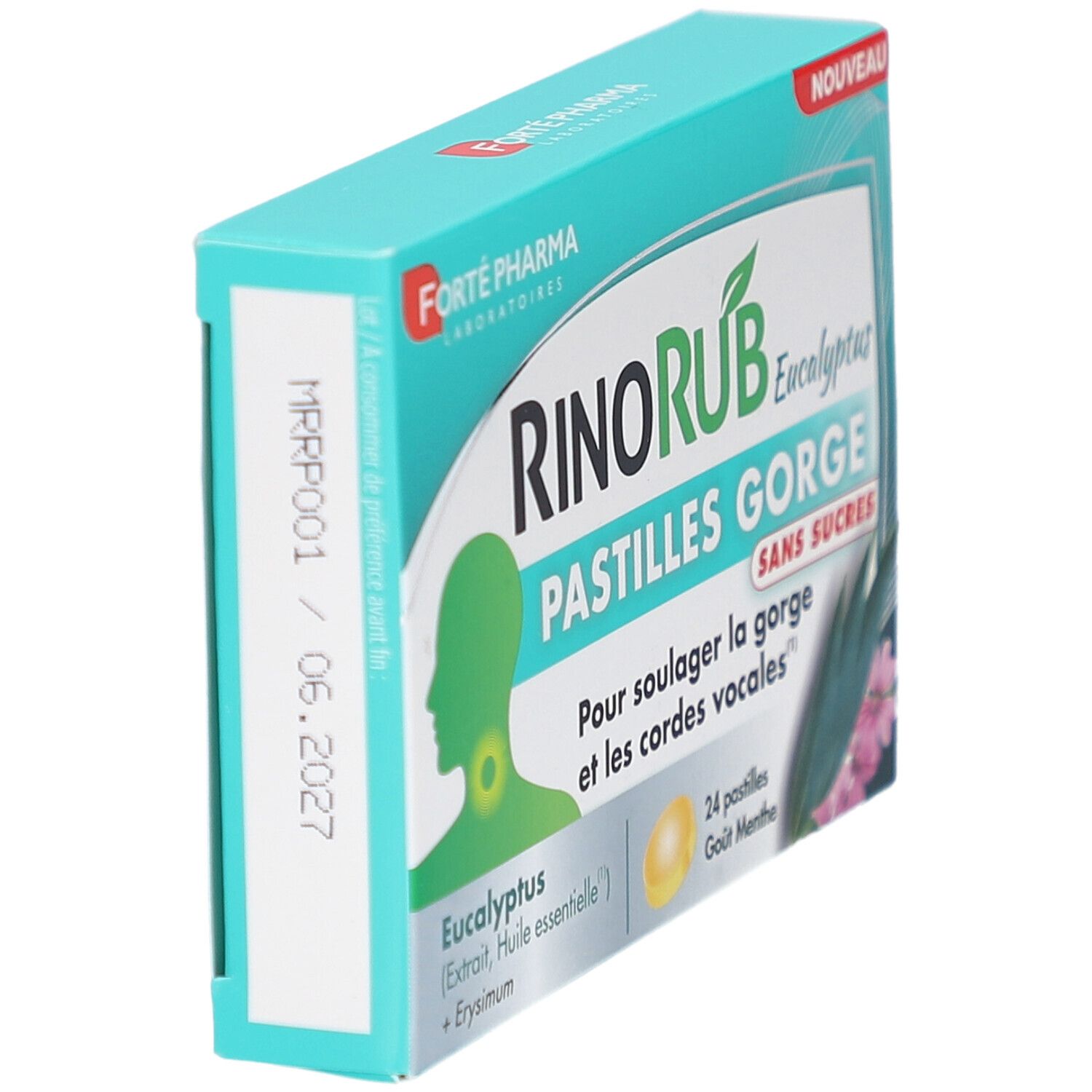 Boîte de pastilles RinoRub en biais. Inscription: RinoRub, Eucalyptus. Marque: Forte Pharma. Contient 24 pastilles.