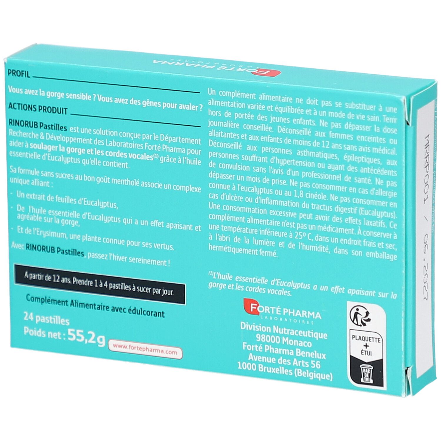 Dos de la boîte de pastilles RinoRub. Informations textuelles et logo Forte Pharma. Contient 24 pastilles.