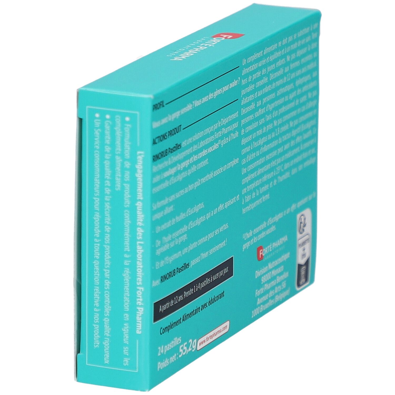Boîte de pastilles RinoRub en biais. Dos avec texte et logo Forte Pharma. Contient 24 pastilles.
