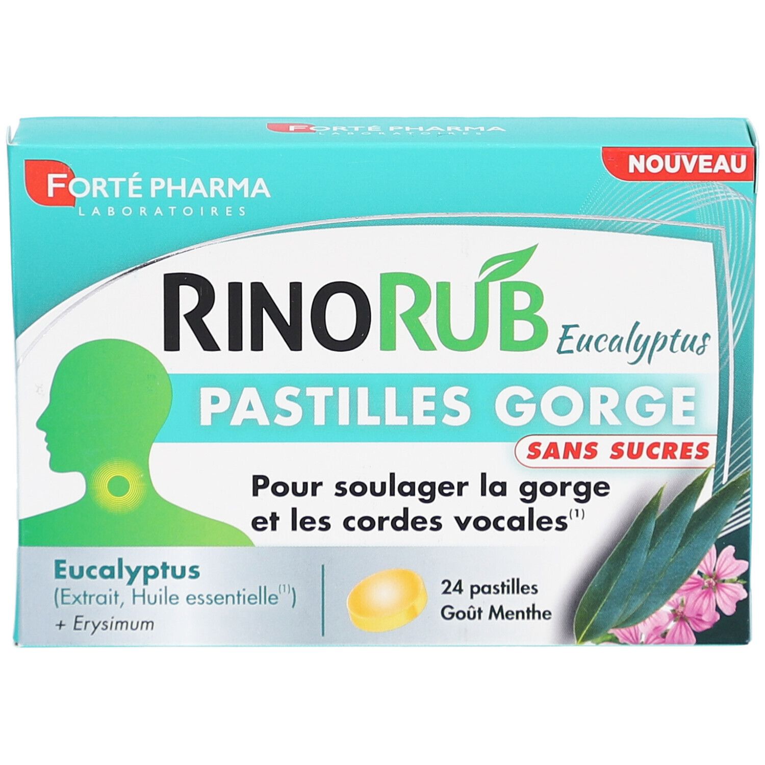 Boîte de pastilles RinoRub Eucalyptus. Contient 24 pastilles. Inscription: Pastilles Gorge, Sans Sucres. Marque: Forte Pharma.