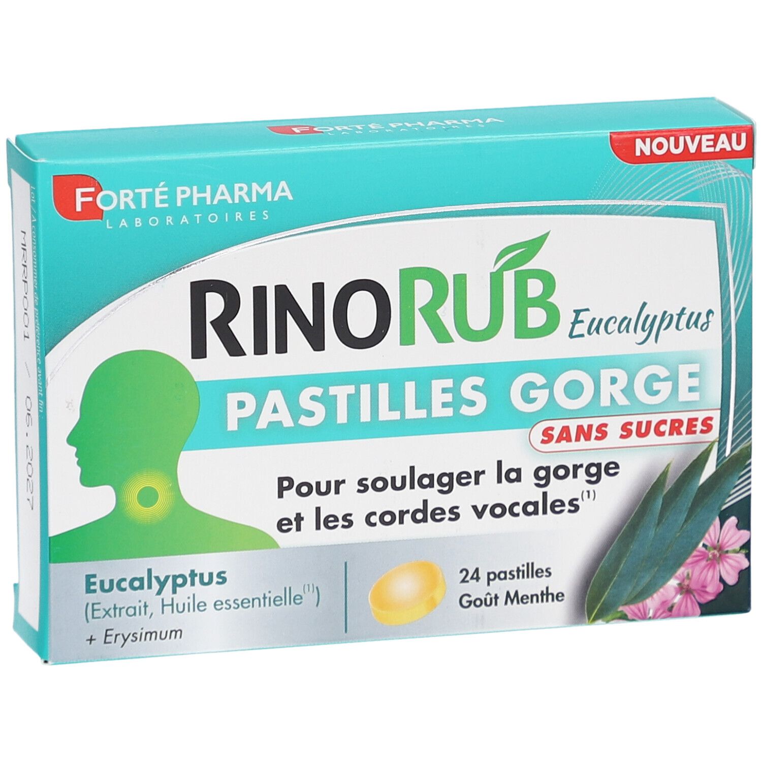 Boîte de pastilles RinoRub Eucalyptus. Contient 24 pastilles. Inscription: Pastilles Gorge, Sans Sucres. Marque: Forte Pharma.