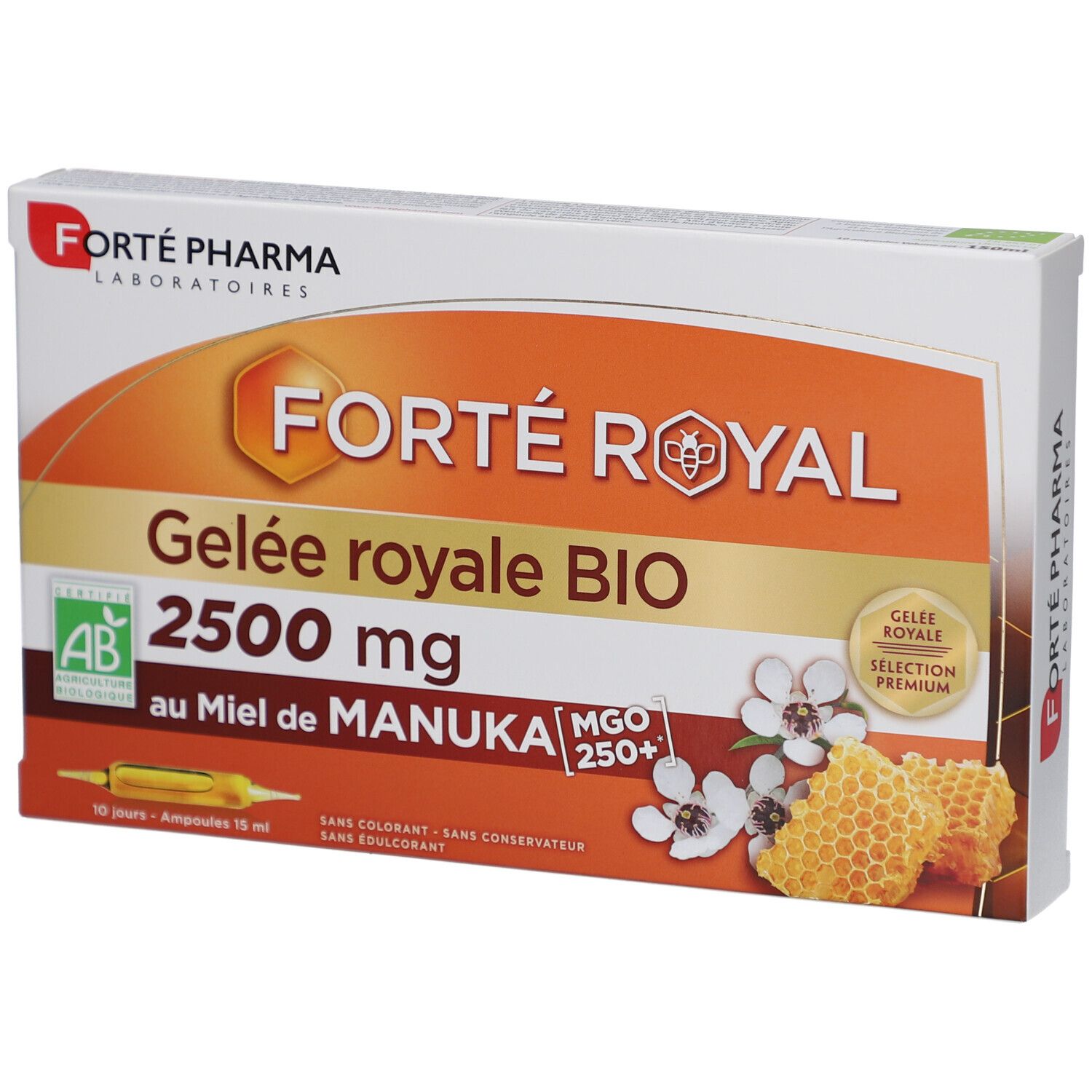 Boîte de produit. Inscriptions: FORTÉ ROYAL, Gelée royale BIO, 2500 mg, au Miel de Manuka. Label AB visible.