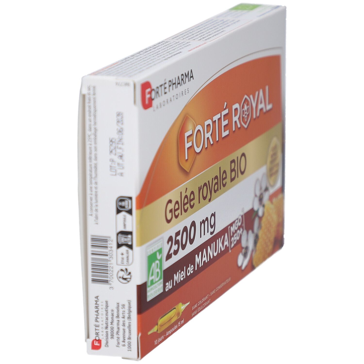 Vue latérale de la boîte. Inscriptions: FORTÉ ROYAL, Gelée royale BIO, 2500 mg, au Miel de Manuka. Label AB.
