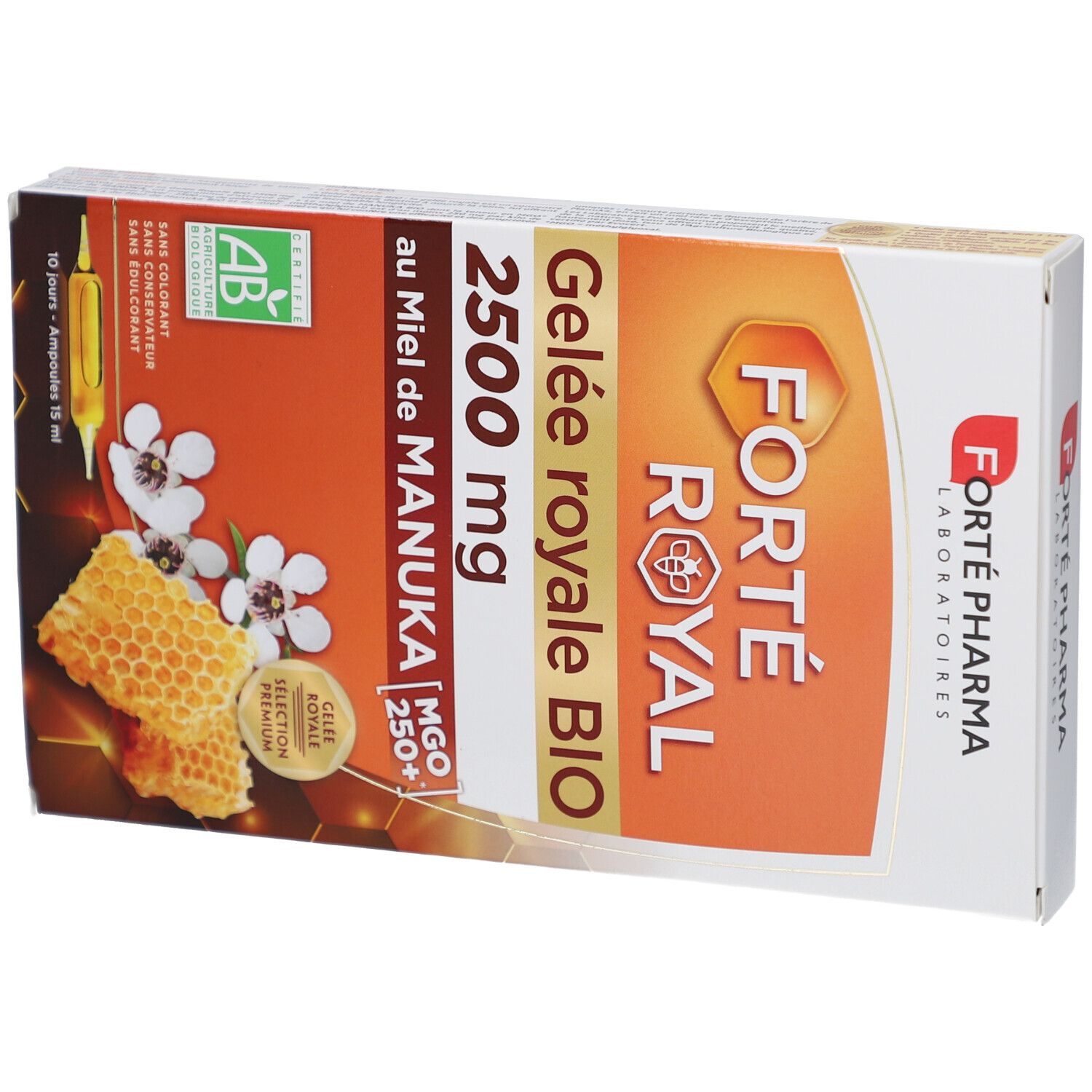 Boîte de produit. Inscriptions: FORTÉ ROYAL, Gelée royale BIO, 2500 mg, au Miel de Manuka. Label AB visible.