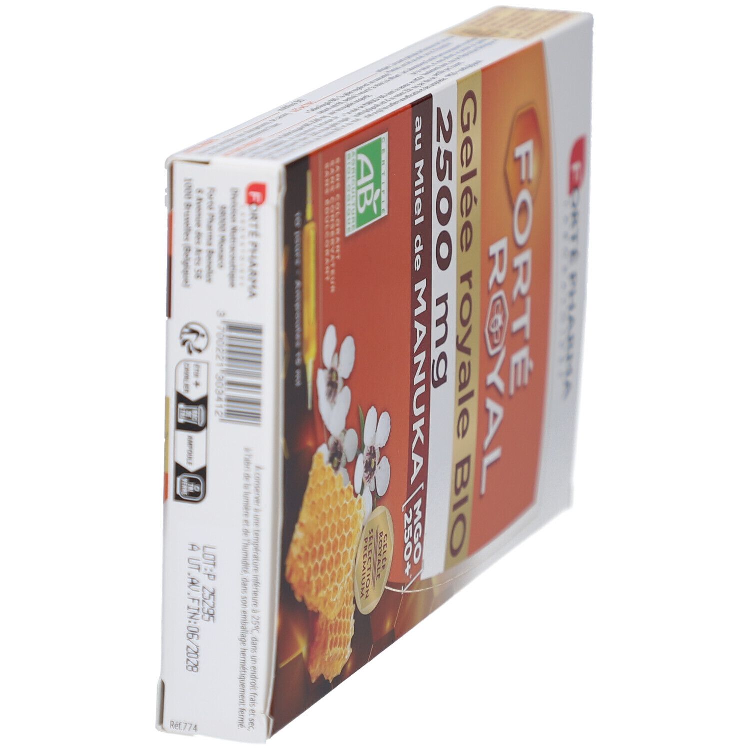 Vue latérale de la boîte. Inscriptions: FORTÉ ROYAL, Gelée royale BIO, 2500 mg, au Miel de Manuka. Label AB.