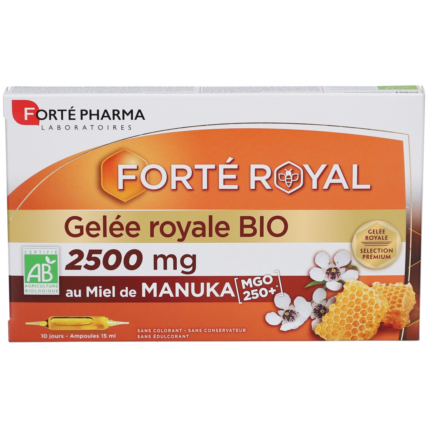 Boîte de produit. Inscriptions: FORTÉ ROYAL, Gelée royale BIO, 2500 mg, au Miel de Manuka. Label AB visible.
