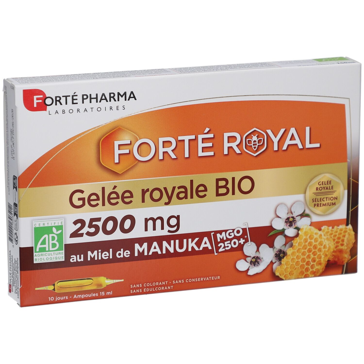 Boîte de produit. Inscriptions: FORTÉ ROYAL, Gelée royale BIO, 2500 mg, au Miel de Manuka. Label AB visible.