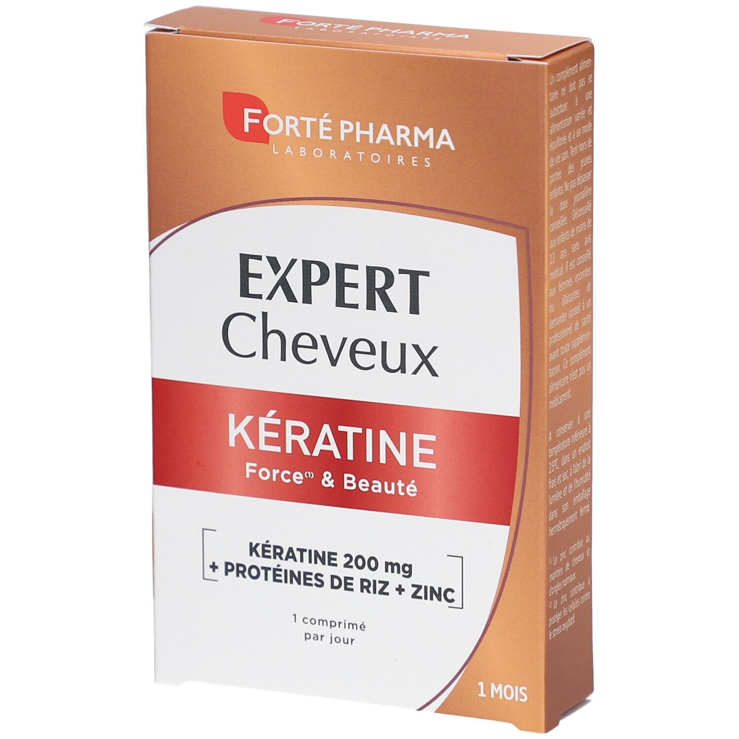 Boîte EXPERT Cheveux Kératine. Bande rouge avec texte. Marque: Forté Pharma. Contient kératine, protéines de riz et zinc. 1 mois.