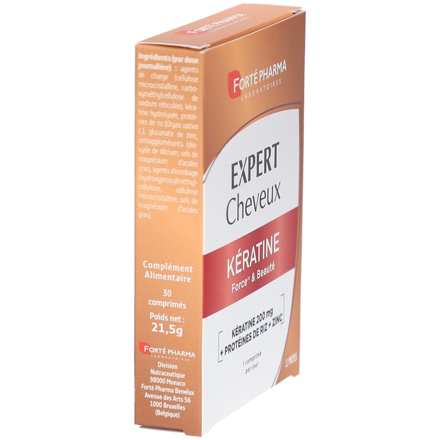 Boîte EXPERT Cheveux Kératine. Ingrédients et informations nutritionnelles. Marque: Forté Pharma. 30 comprimés. Poids net: 21,5g.