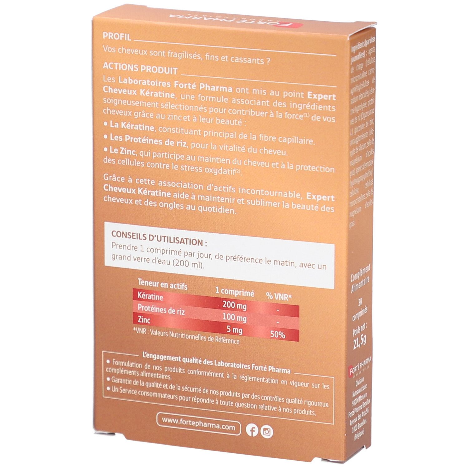 Dos de la boîte. Texte sur les avantages et l'utilisation du produit. Marque: Forté Pharma. Contient kératine, protéines de riz et zinc.