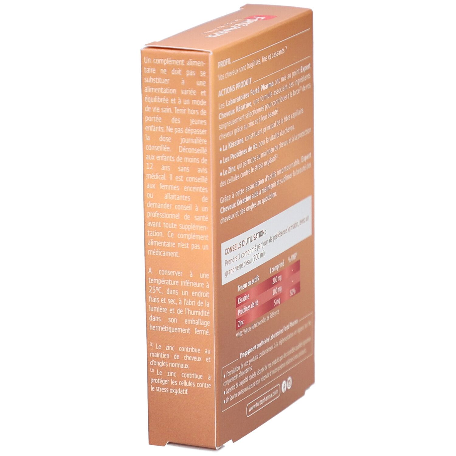 Vue latérale de la boîte. Texte sur les avantages et l'utilisation du produit. Marque: Forté Pharma. Contient kératine, protéines de riz et zinc.