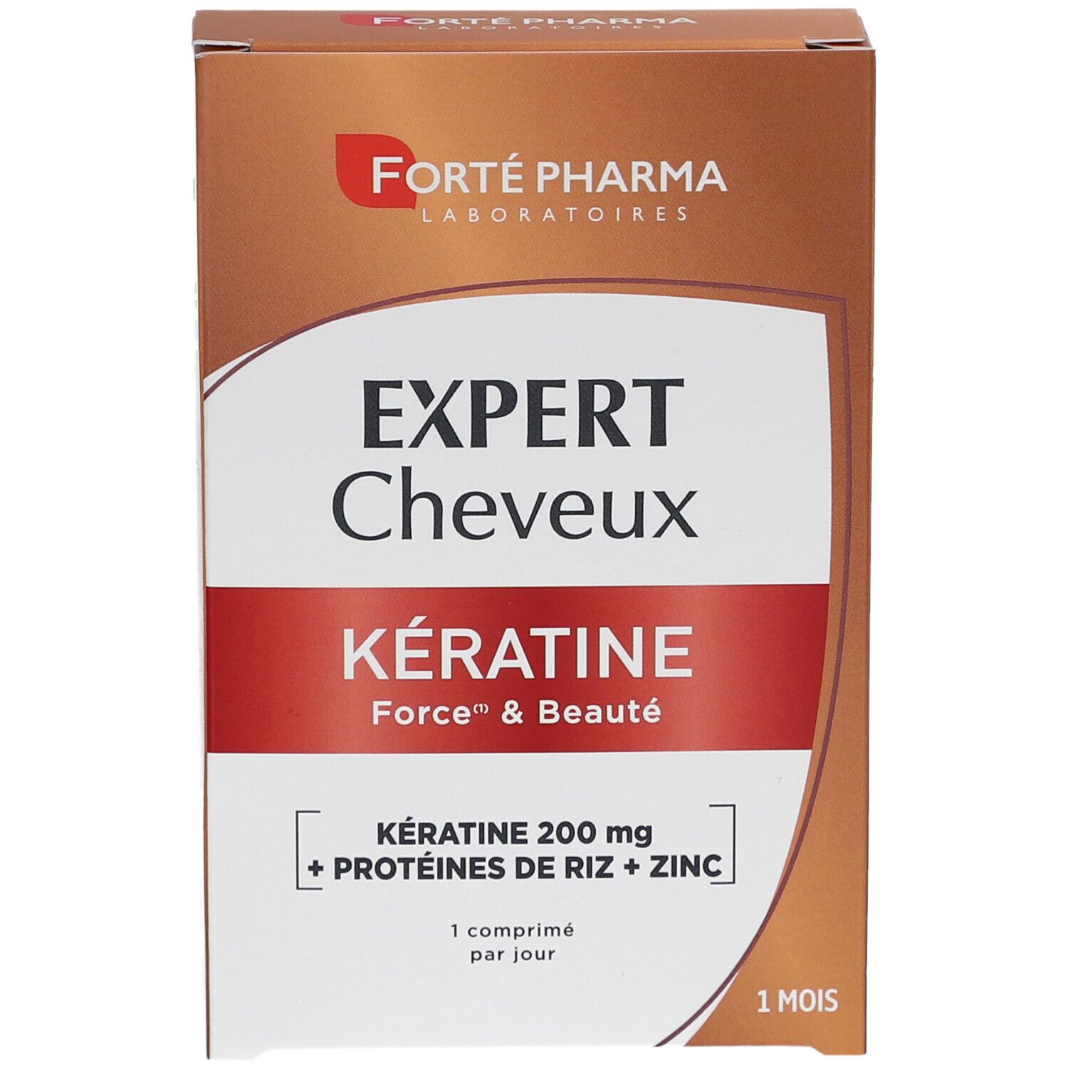 Boîte EXPERT Cheveux Kératine. Bande rouge avec texte. Marque: Forté Pharma. Contient kératine, protéines de riz et zinc. 1 mois.