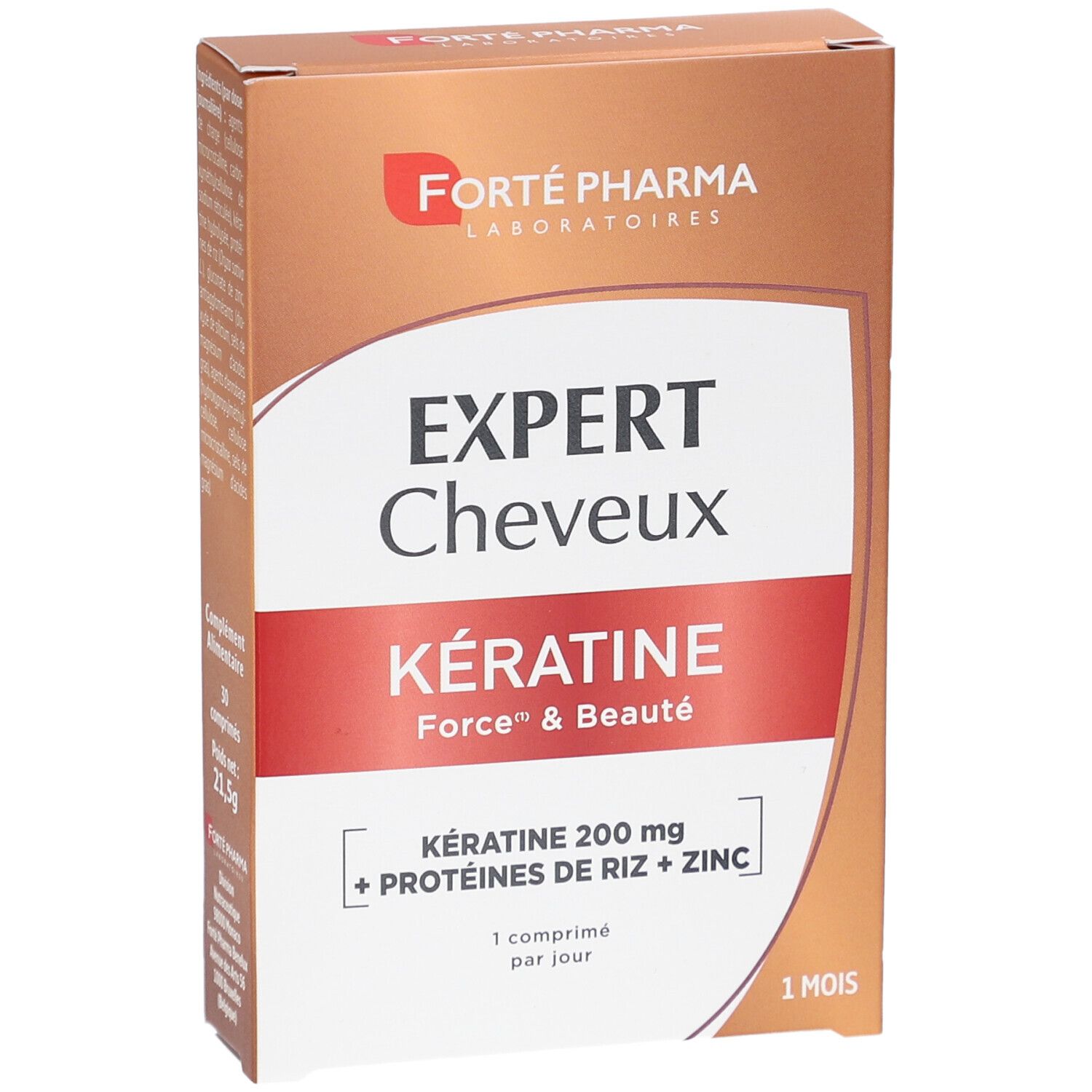 Boîte EXPERT Cheveux Kératine. Bande rouge avec texte. Marque: Forté Pharma. Contient kératine, protéines de riz et zinc. 1 mois.