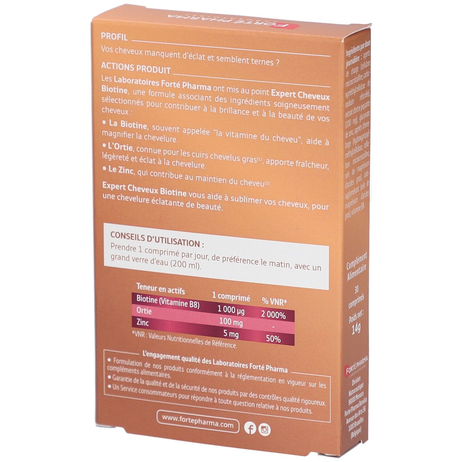 Dos de la boîte marron. Texte sur les ingrédients et l'utilisation. Contient Biotine, Ortie et Zinc.