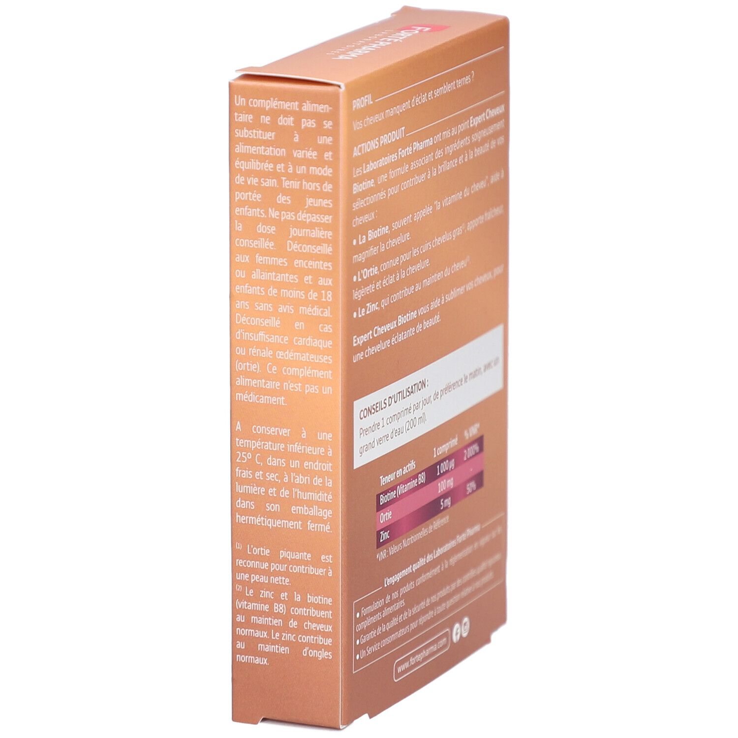 Boîte marron, vue latérale. Texte sur les ingrédients et l'utilisation. Contient Biotine, Ortie et Zinc.