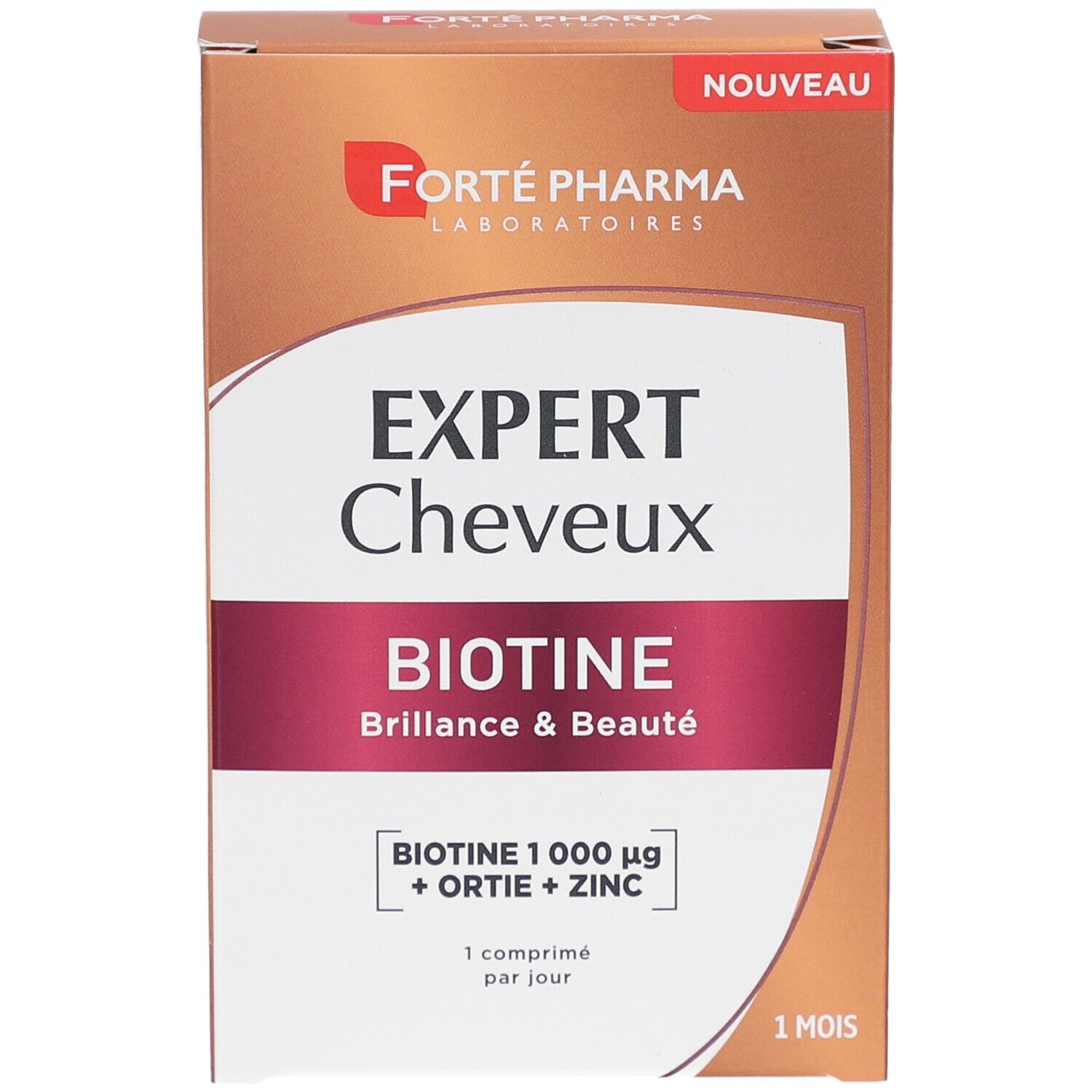 Boîte marron. Inscription EXPERT Cheveux BIOTINE. Contient Biotine, Ortie et Zinc. Étiquette "Nouveau".