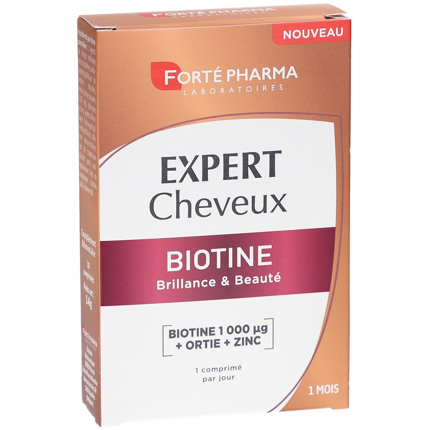 Boîte marron. Inscription EXPERT Cheveux BIOTINE. Contient Biotine, Ortie et Zinc. Poids 14g.