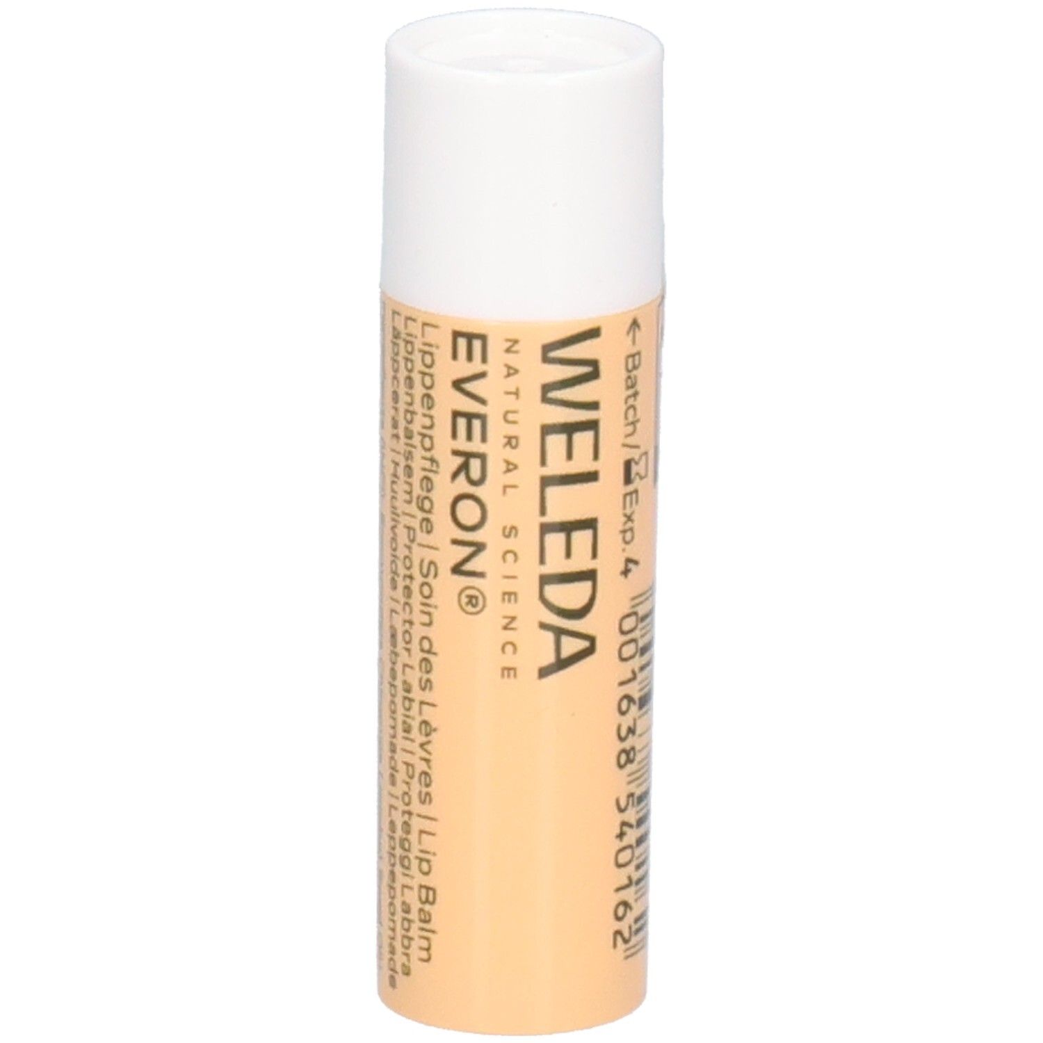 Stick Weleda Everon Soin des Lèvres. Capuchon blanc, corps beige. Inscription: EVERON, WELEDA, Lip Balm. Code-barres et numéro de lot.