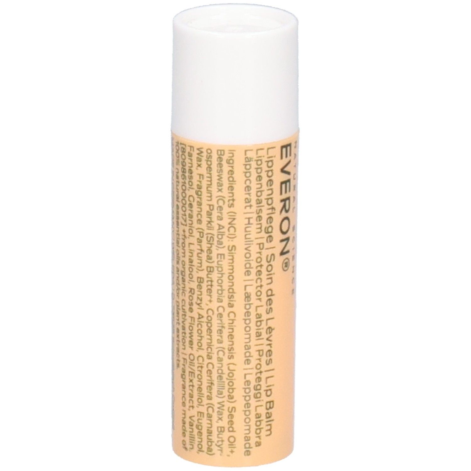 Stick Weleda Everon Soin des Lèvres. Ingrédients imprimés. Capuchon blanc, corps beige. Inscription: EVERON, WELEDA, Lip Balm.