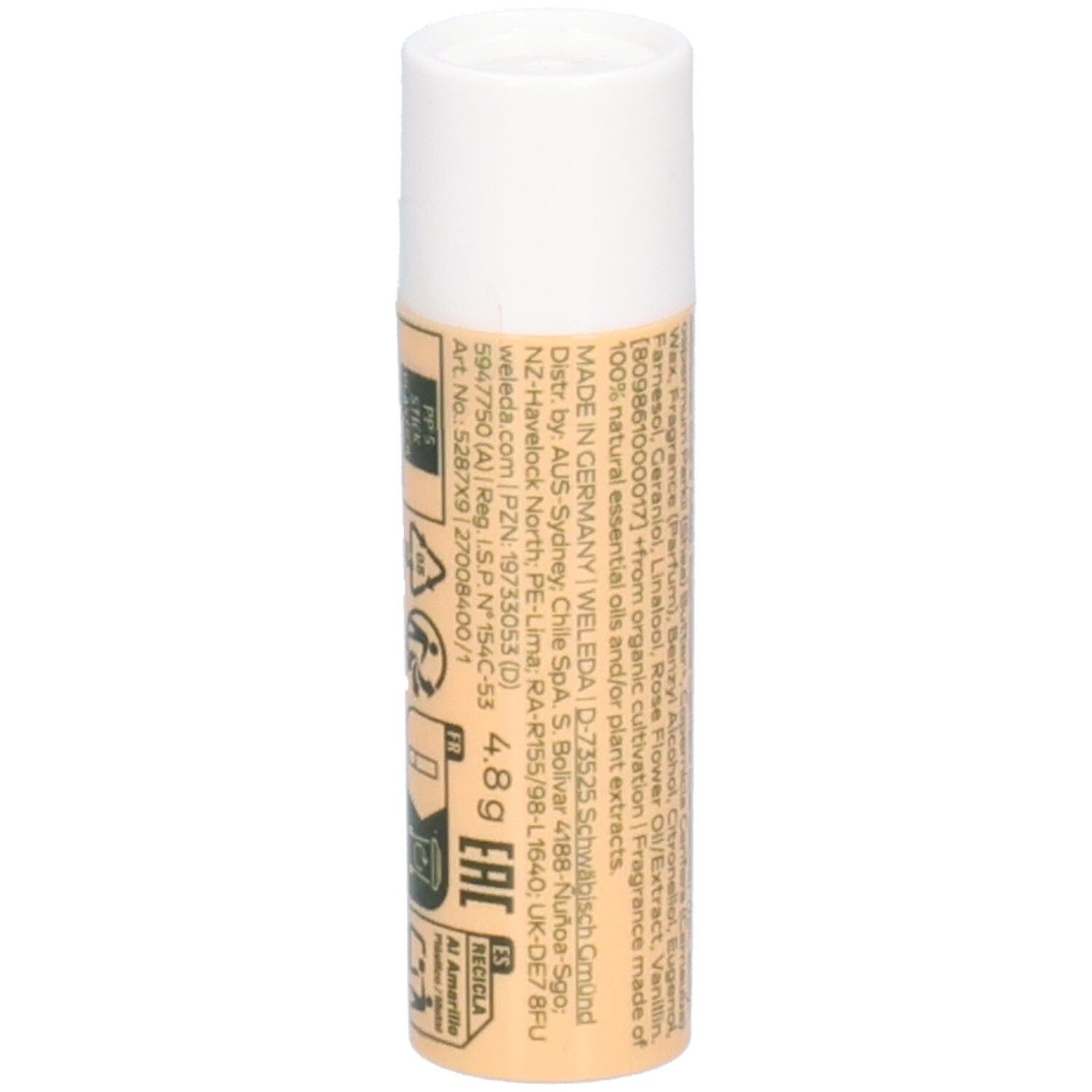 Stick Weleda Everon Soin des Lèvres. Impression d'informations. Capuchon blanc, corps beige. Inscription: EVERON, WELEDA, Lip Balm.