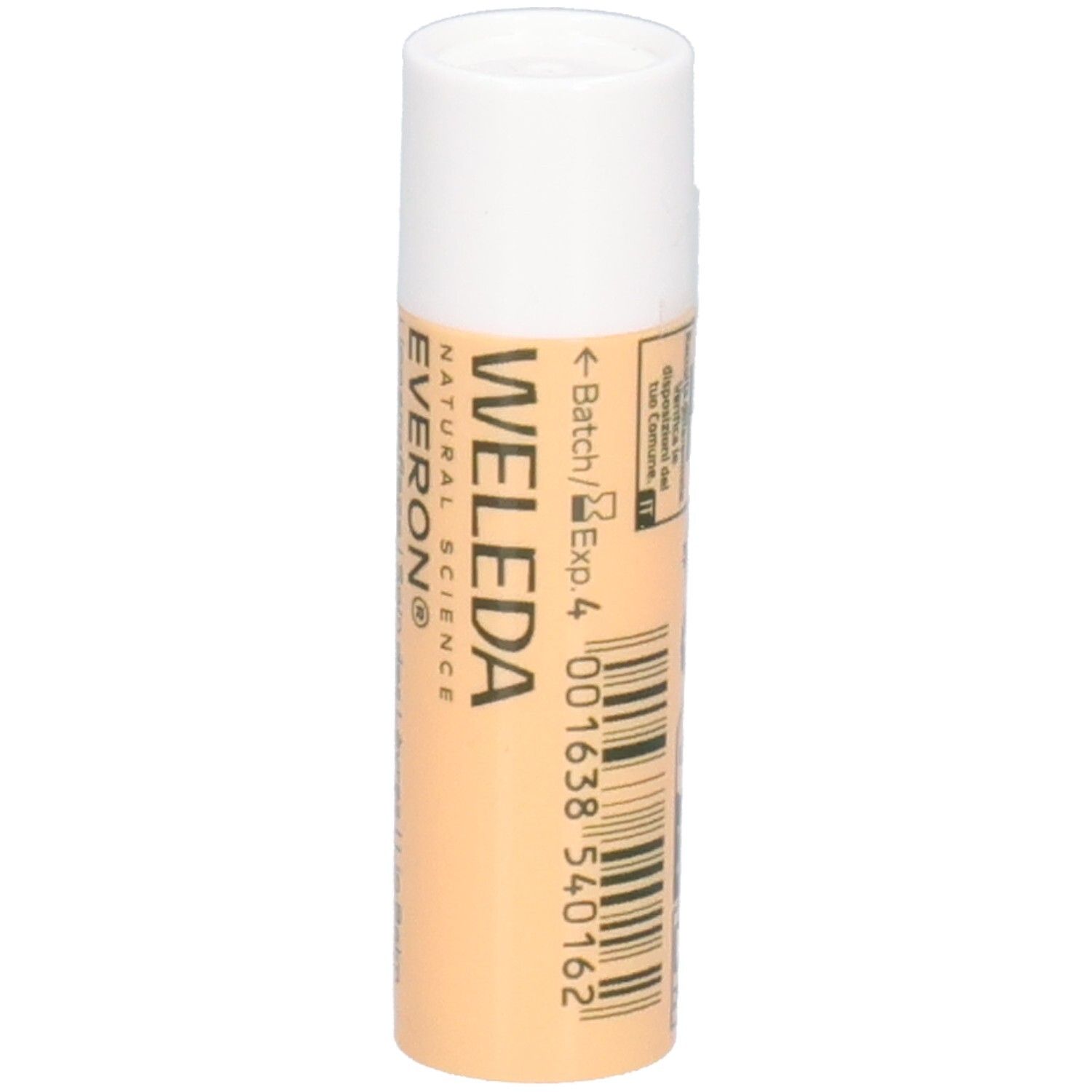 Stick Weleda Everon Soin des Lèvres. Capuchon blanc, corps beige. Inscription: EVERON, WELEDA, Lip Balm. Code-barres et numéro de lot.