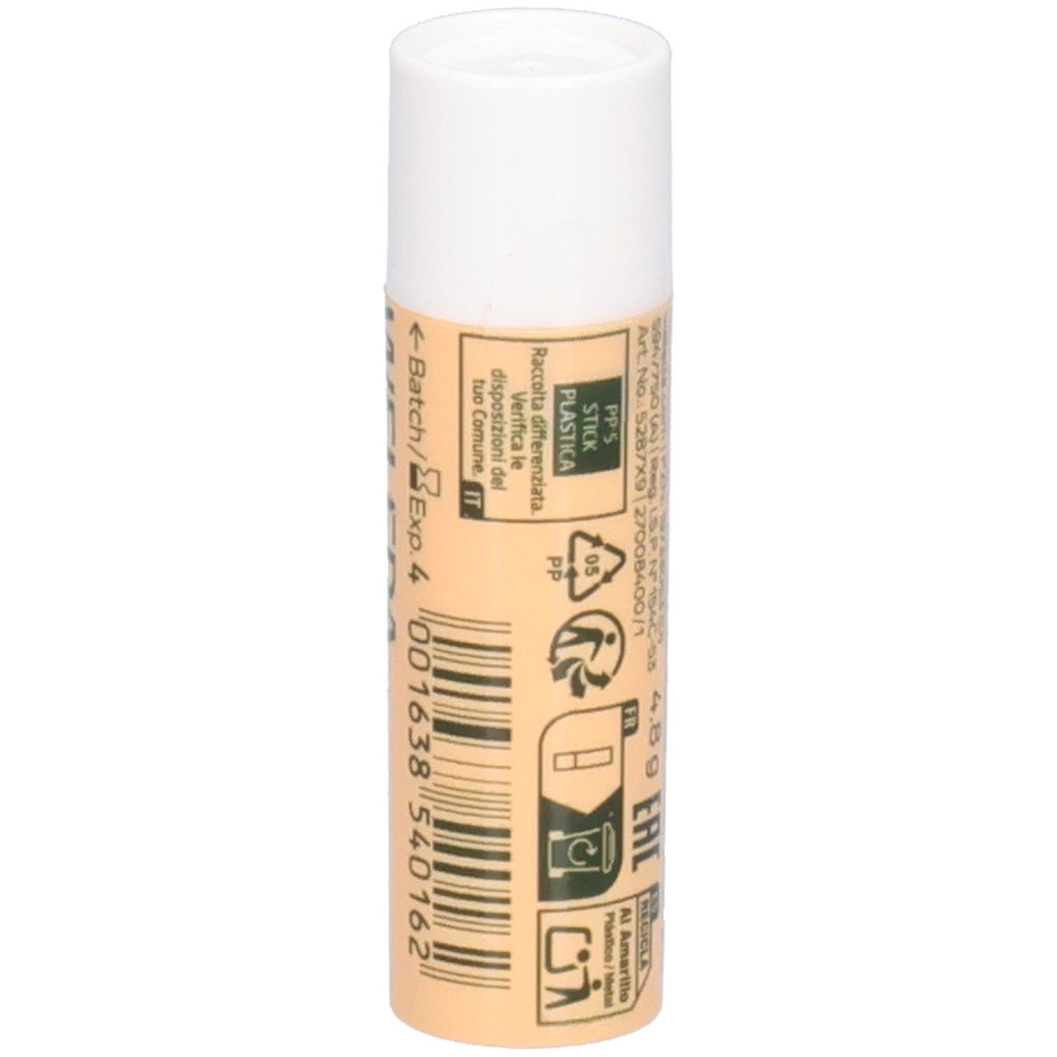 Stick Weleda Everon Soin des Lèvres. Informations imprimées. Capuchon blanc, corps beige. Inscription: EVERON, WELEDA, Lip Balm.