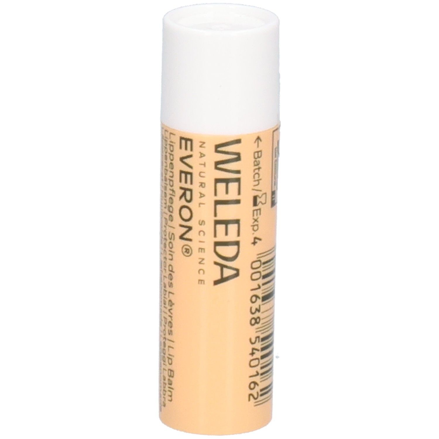 Stick Weleda Everon Soin des Lèvres. Capuchon blanc, corps beige. Inscription: EVERON, WELEDA, Lip Balm. Code-barres et numéro de lot.