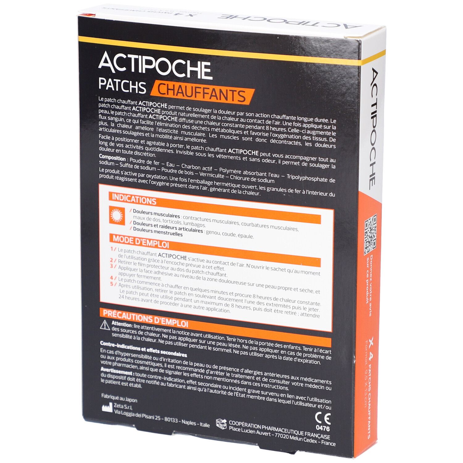 Dos de la boîte de patchs ACTIPOCHE. Contient des informations sur l'utilisation, les ingrédients et les précautions.