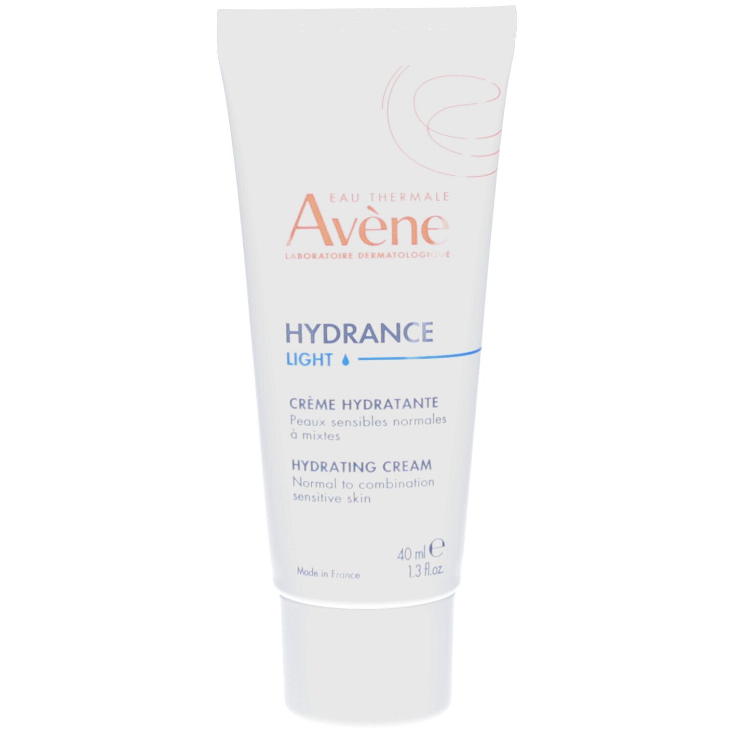 Tube blanc avec "Avène". "HYDRANCE LIGHT" et "CRÈME HYDRATANTE". 40 ml. Bouchon à vis blanc.