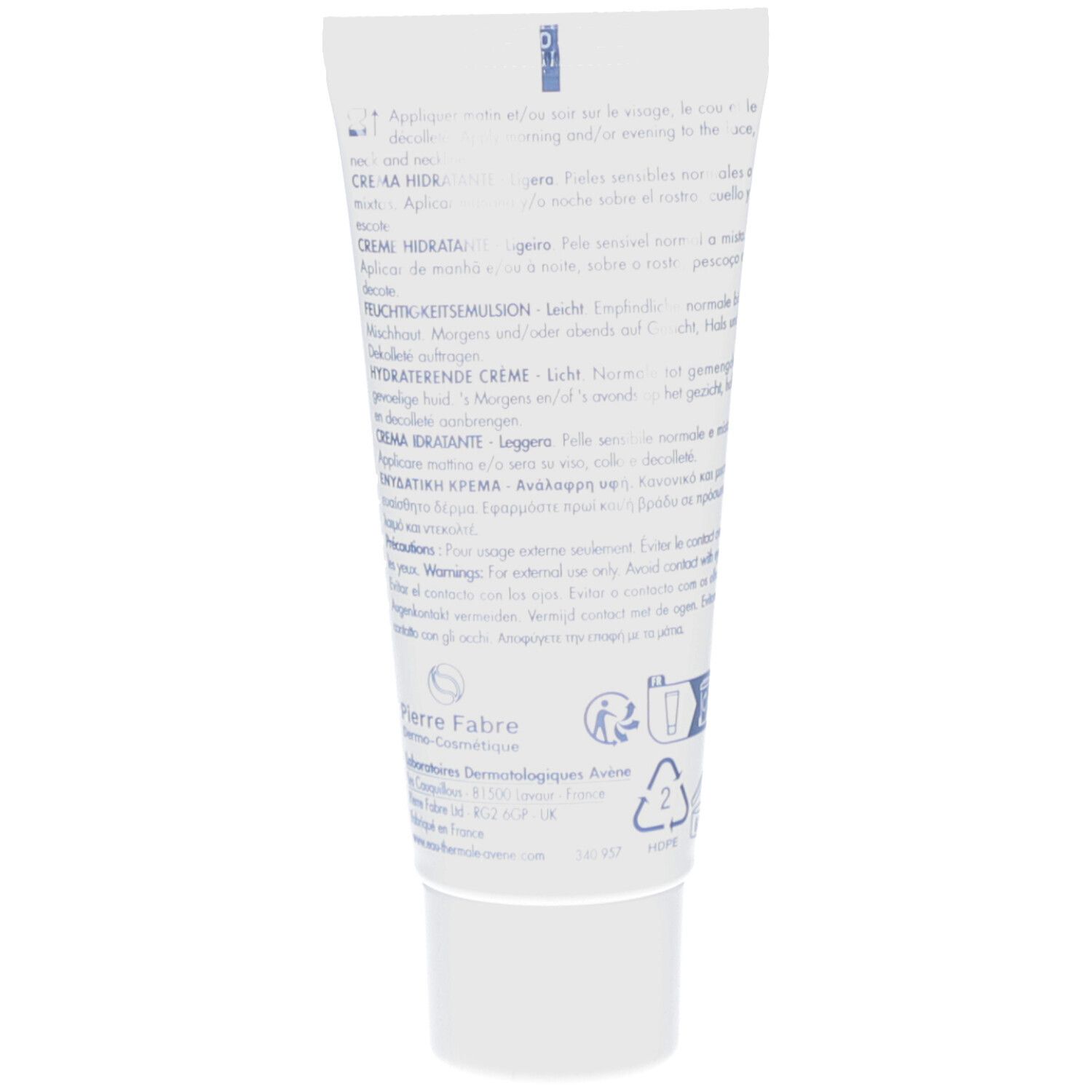 Dos du tube blanc. Texte multilingue. Logo du fabricant et symboles de recyclage.