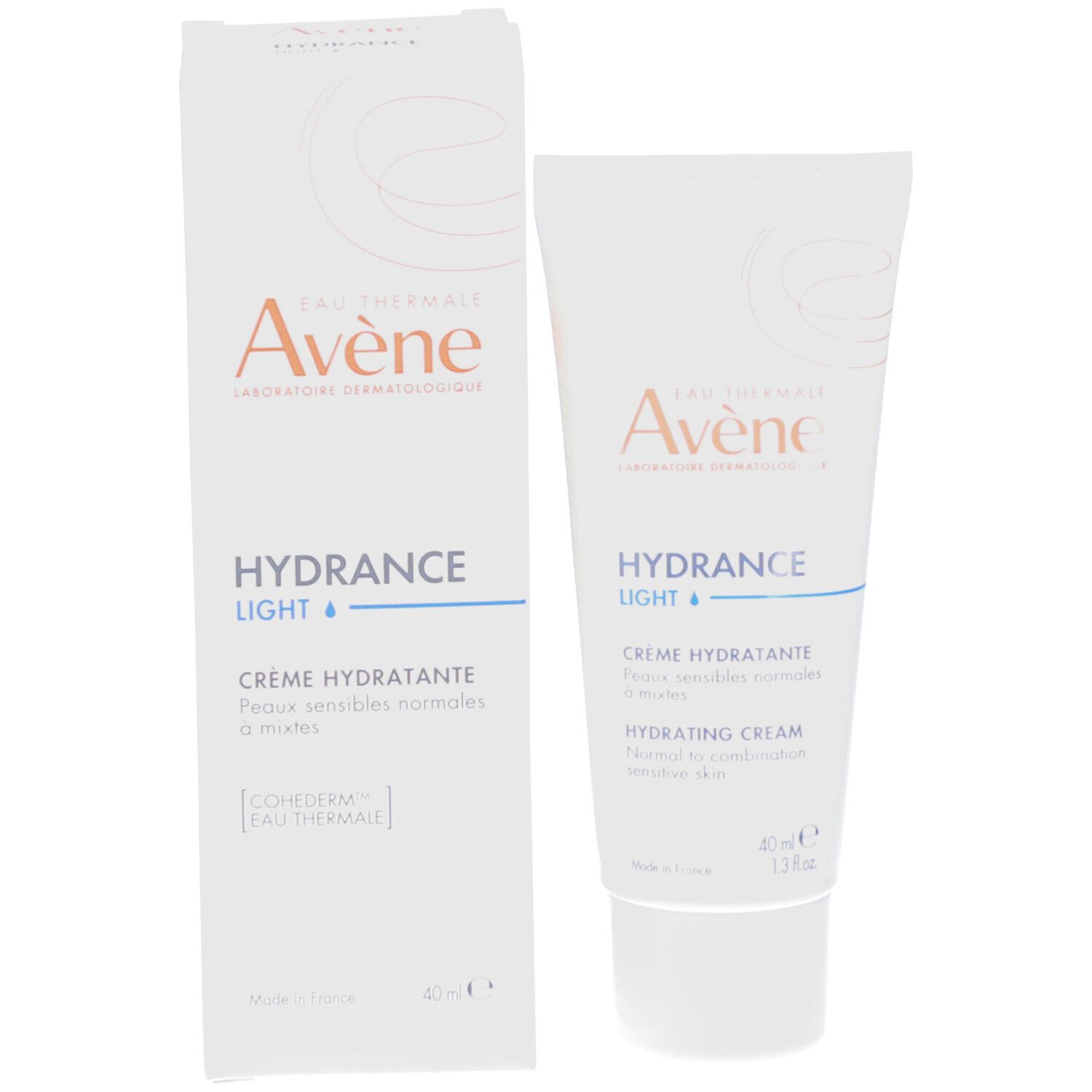 Emballage du produit: tube et boîte. Les deux blancs avec "Avène" et "HYDRANCE LIGHT". Boîte avec texte.