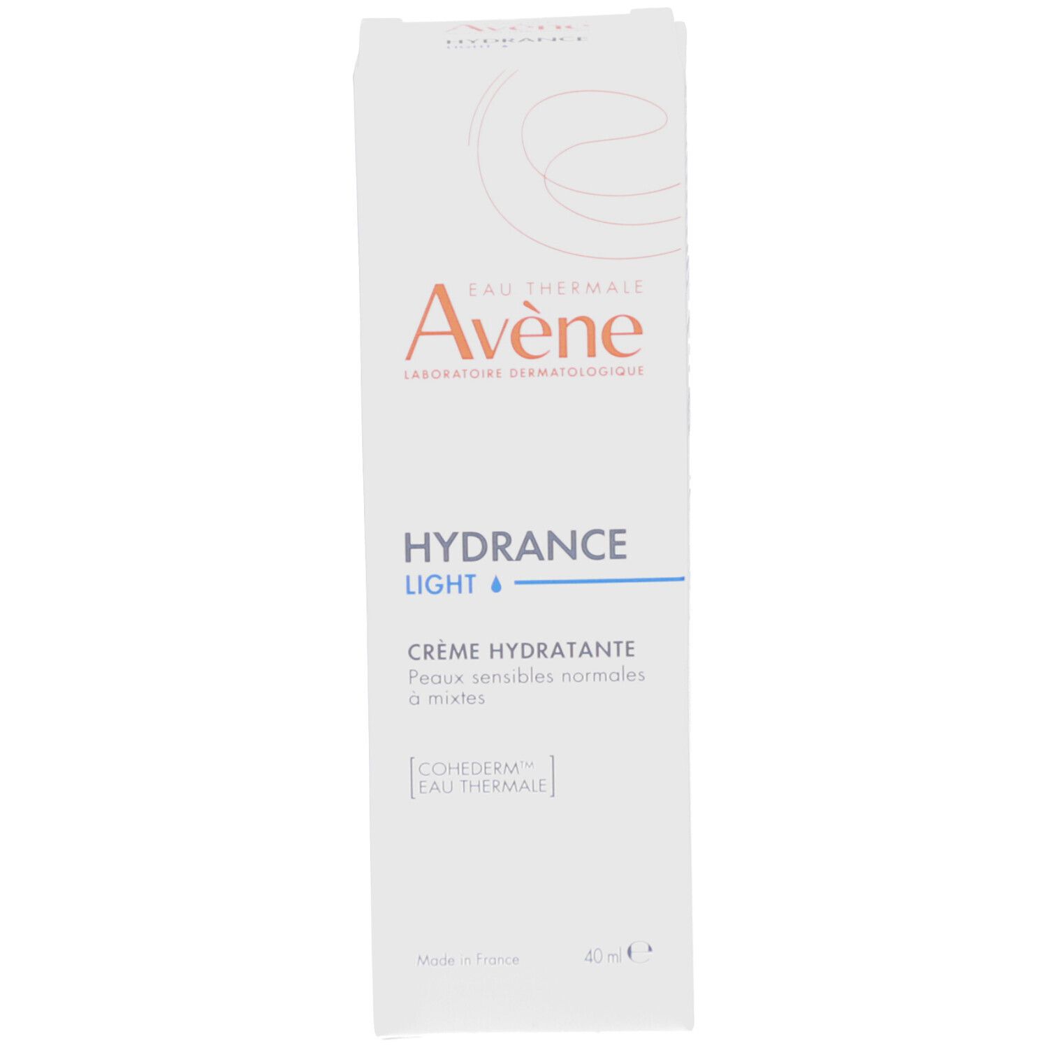 Boîte blanche avec "Avène" et "HYDRANCE LIGHT". Texte et logo. 40 ml.