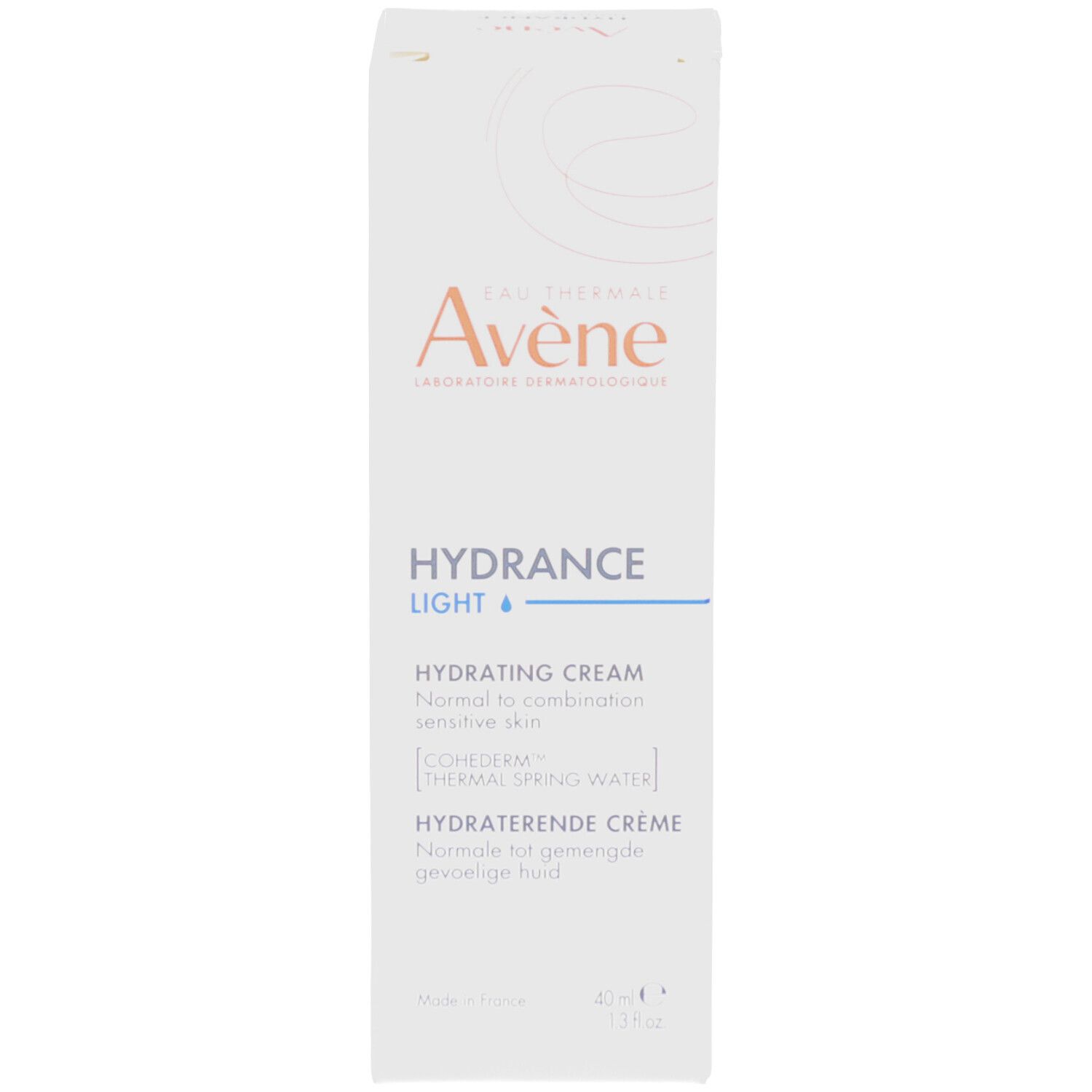 Boîte blanche avec "Avène" et "HYDRANCE LIGHT". Texte et logo. 40 ml. Crème hydratante.
