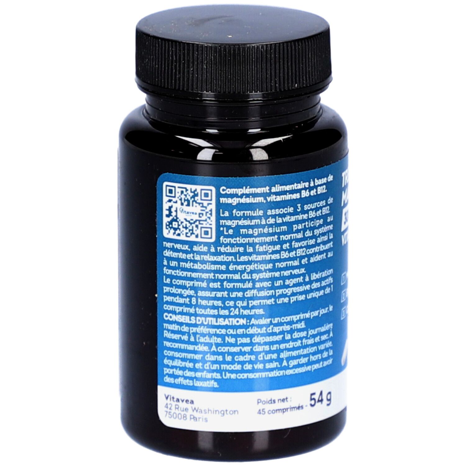 Dos d'un flacon noir. Contient informations produit et QR code. Marque: VitaVea. 45 comprimés, poids net 54g.
